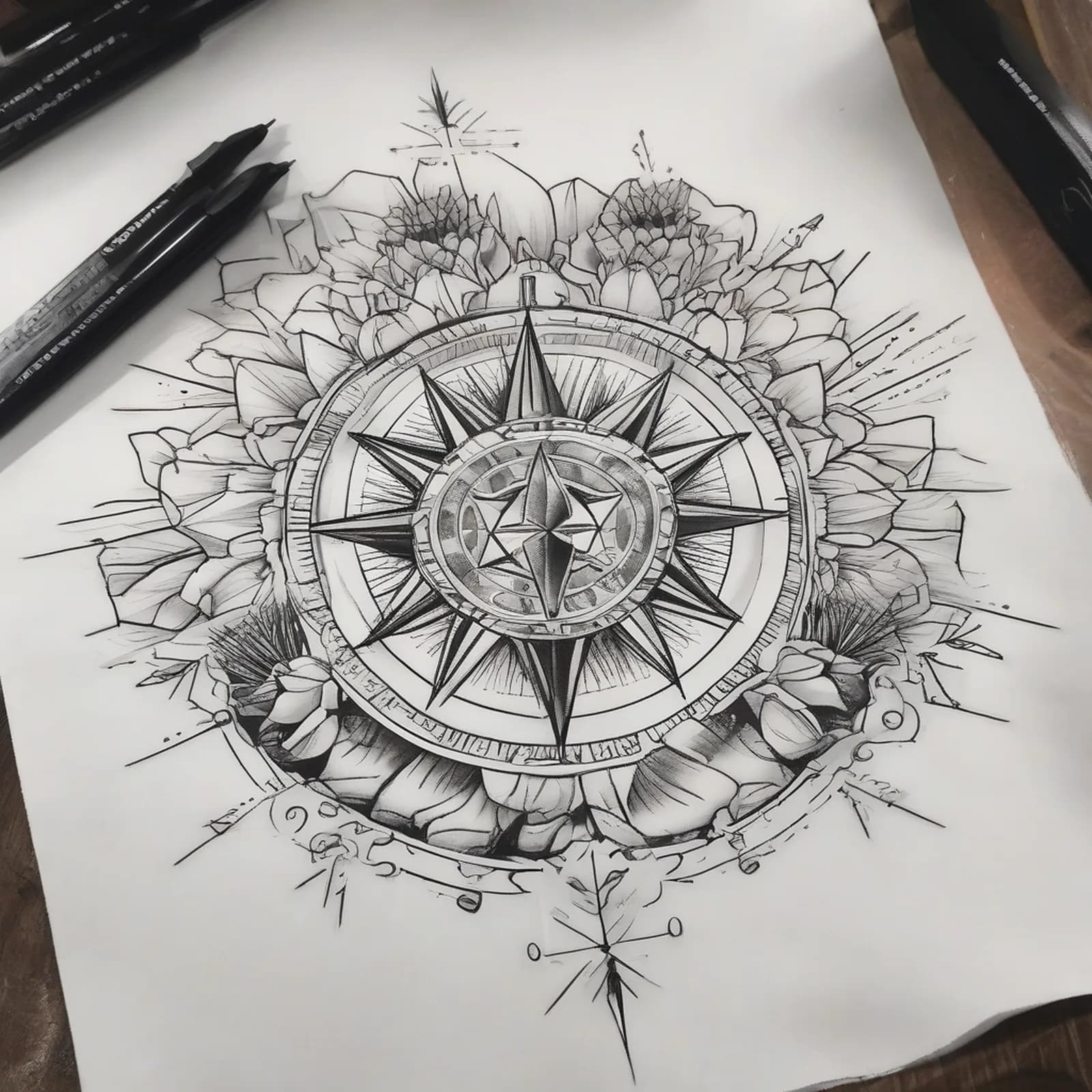 Compass And Cactus tattoo design, alternative version 4