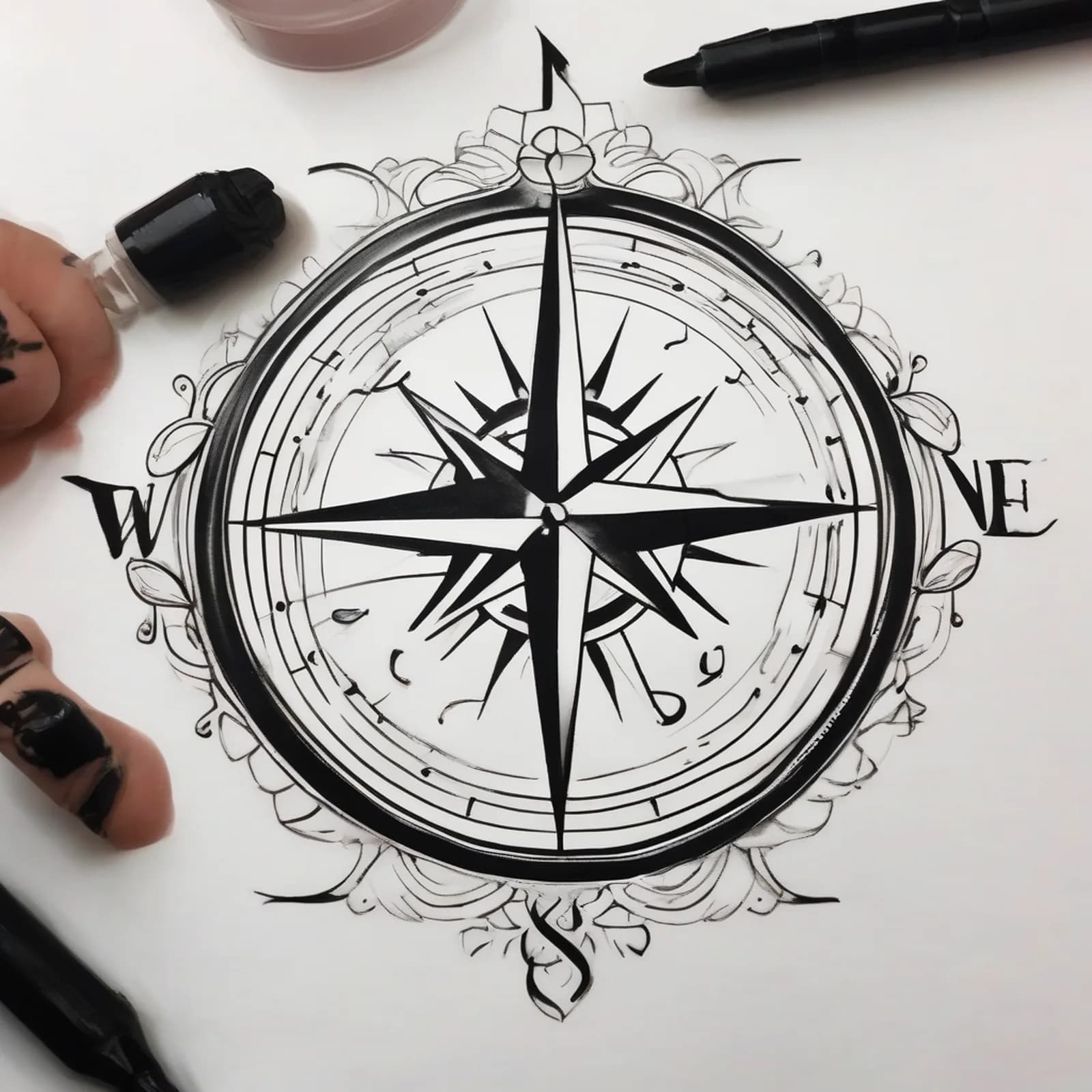 Compass And Candle Flame tattoo design, alternative version 4