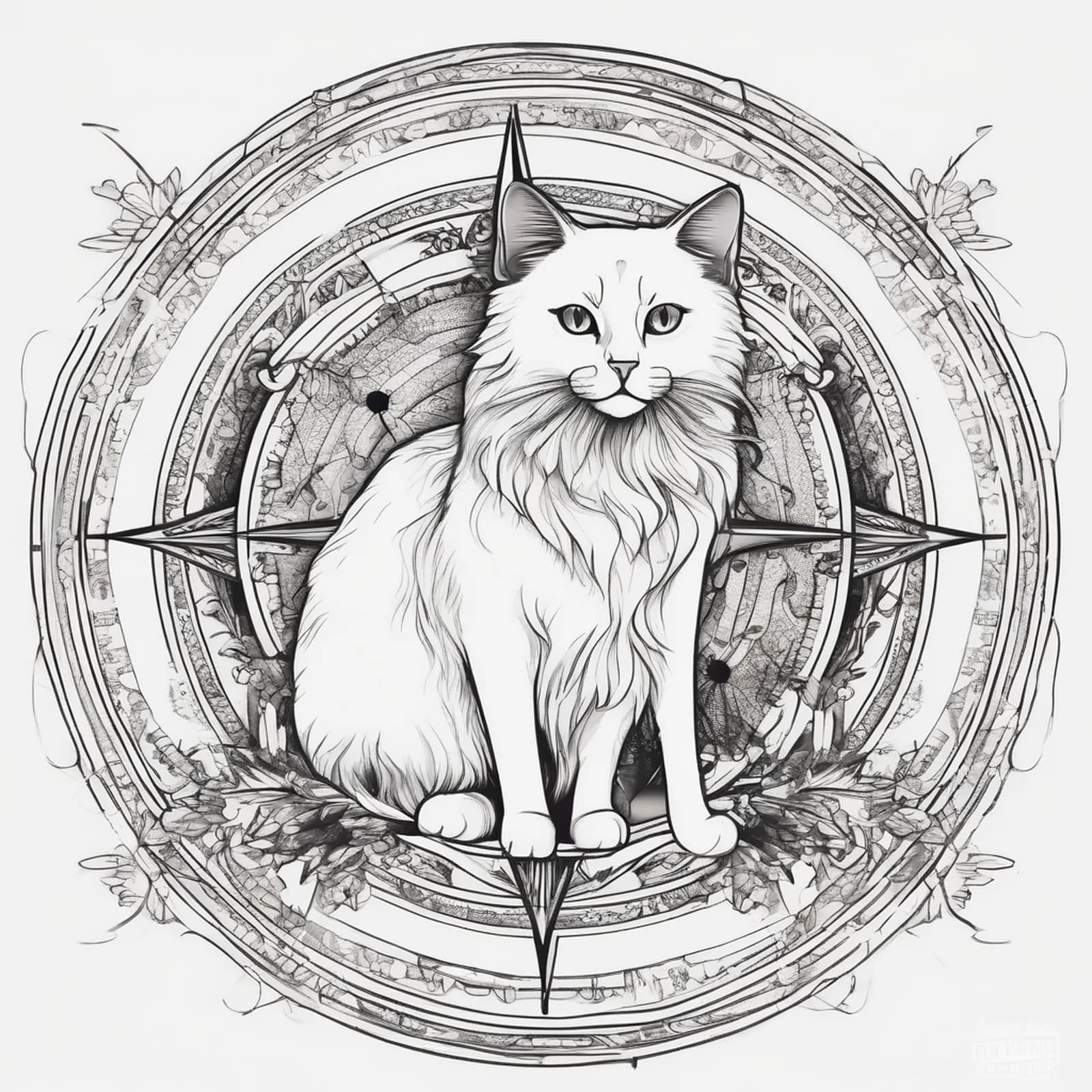 Compass And Cat tattoo design