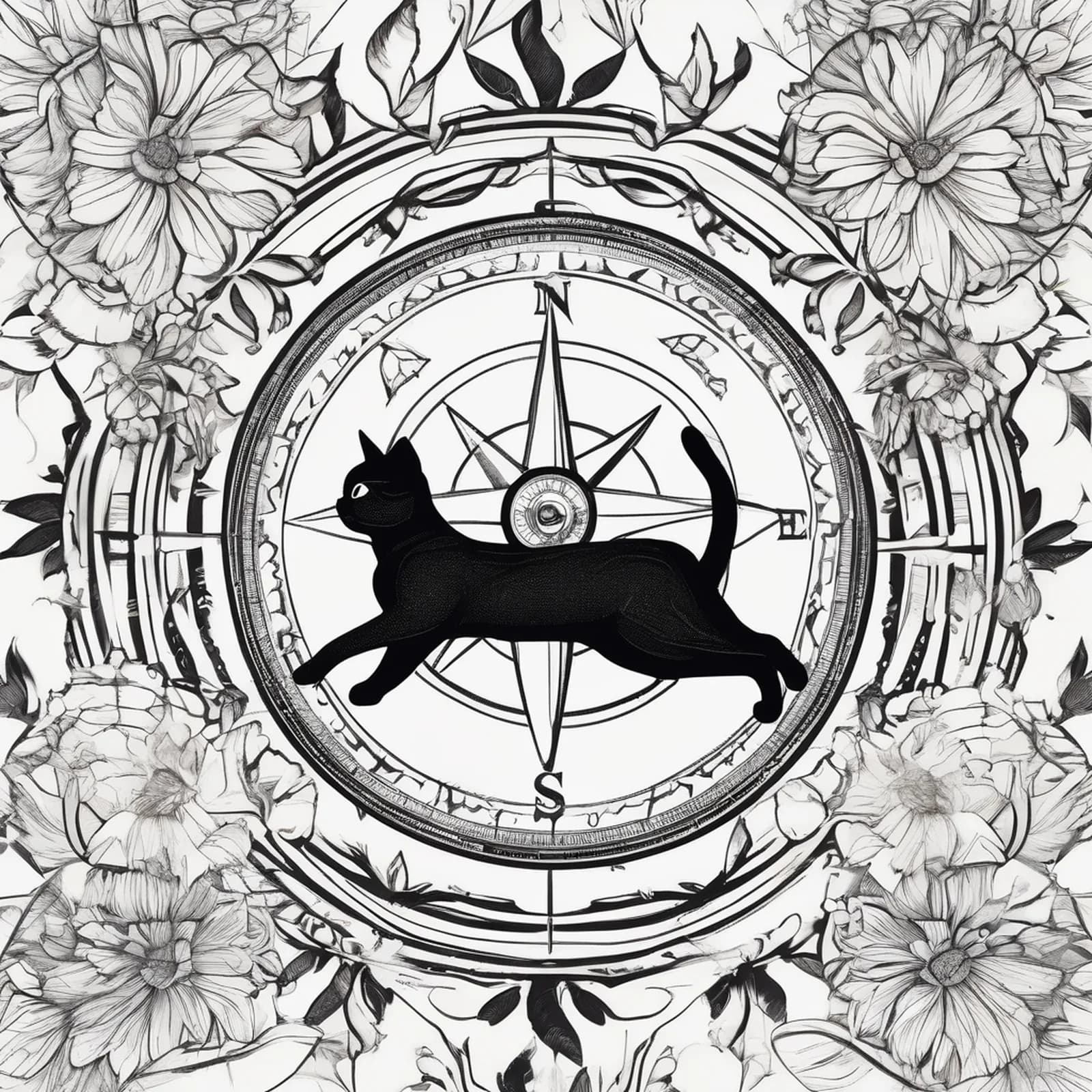 Compass And Cat tattoo design, alternative version 2