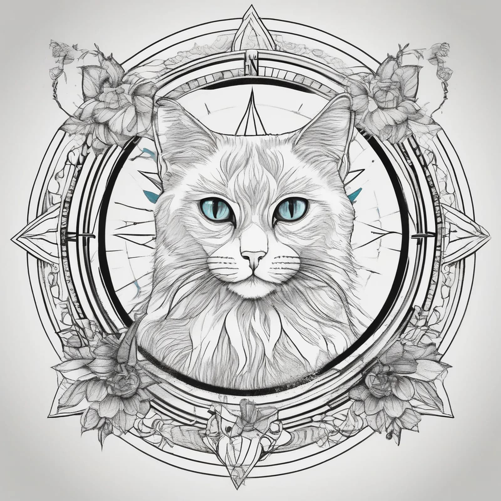 Compass And Cat tattoo design, alternative version 3