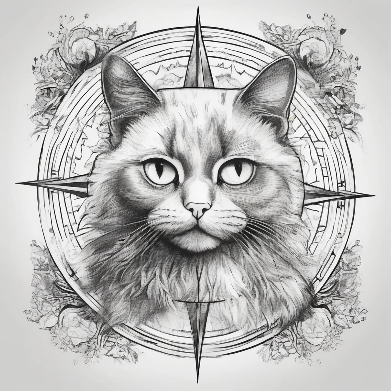 Compass And Cat tattoo design, alternative version 4