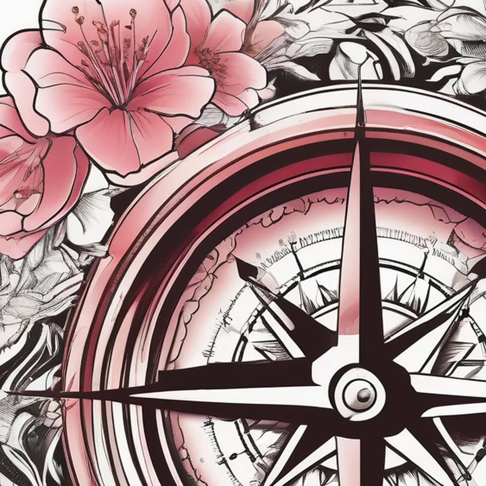 Compass And Cherry Blossom tattoo design, close-up detail