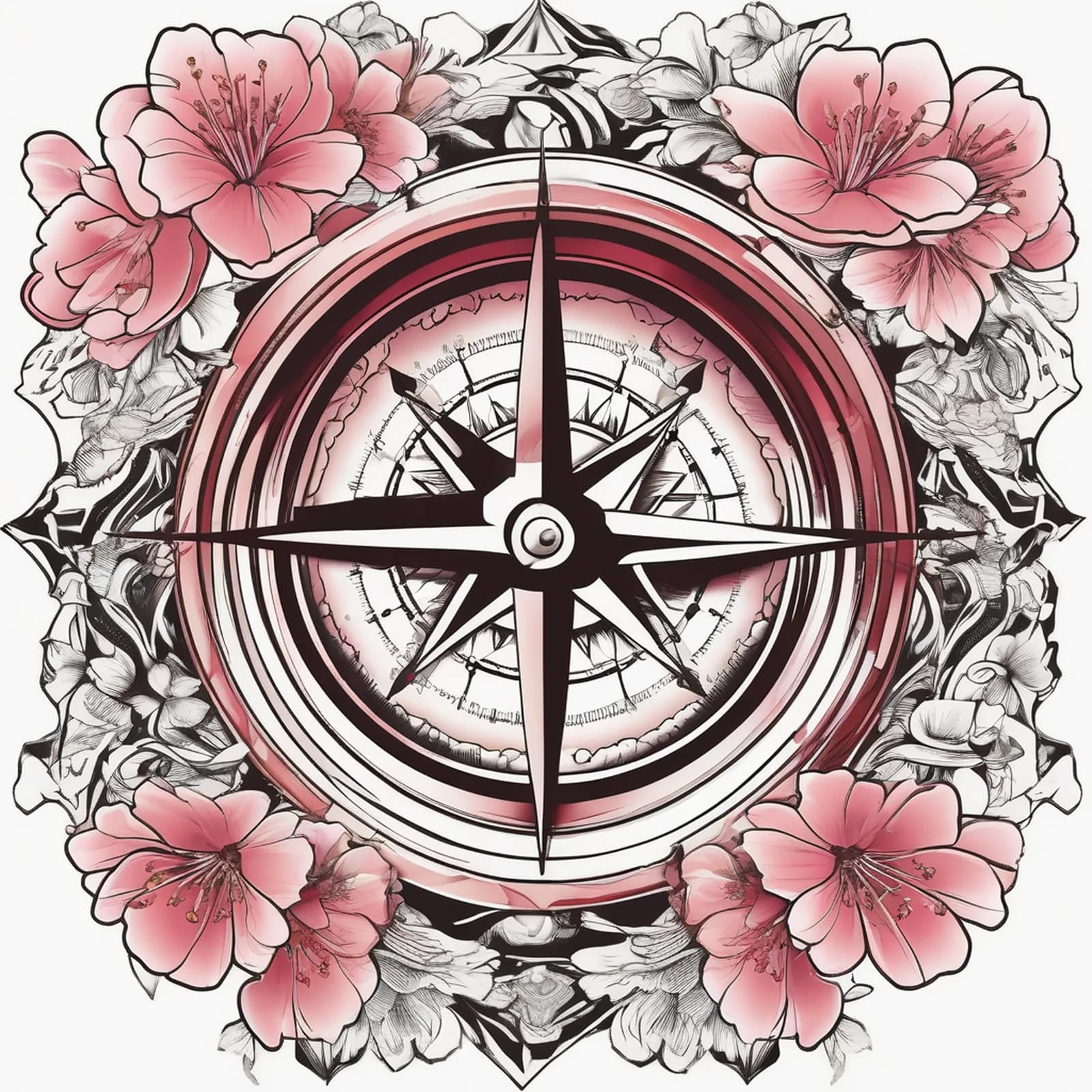 Compass And Cherry Blossom tattoo design