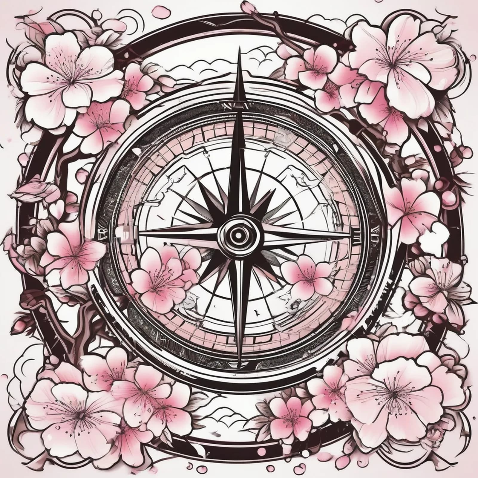 Compass And Cherry Blossom tattoo design, alternative version 2