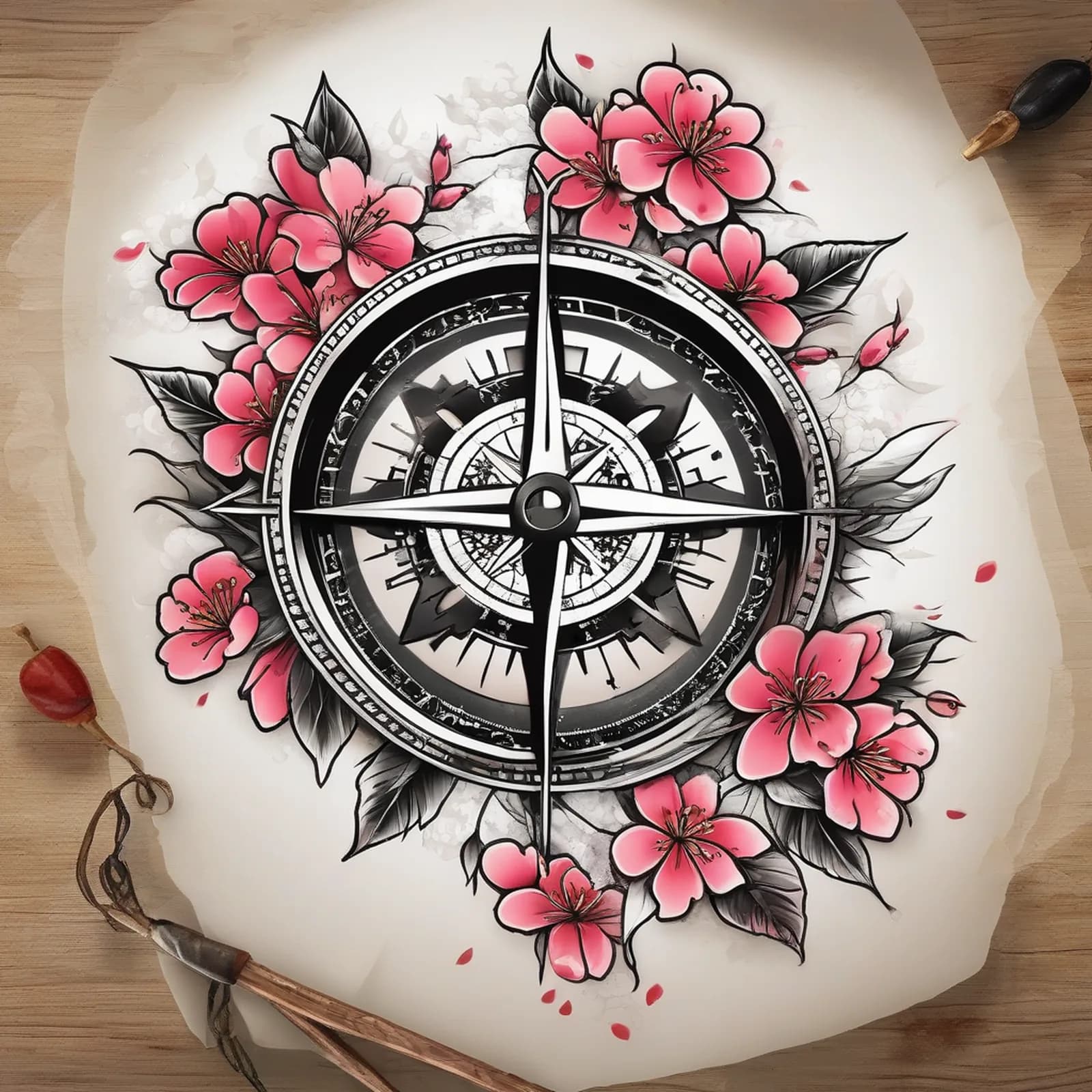 Compass And Cherry Blossom tattoo design, alternative version 3