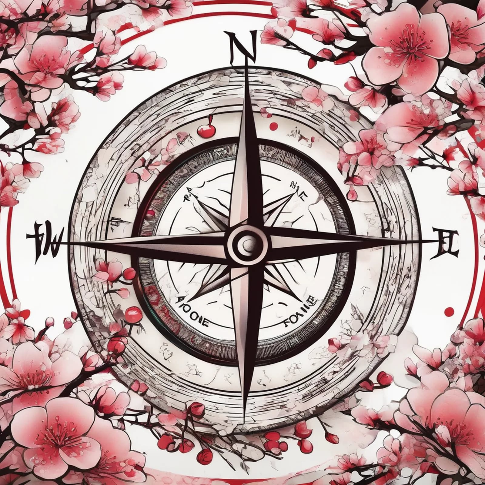 Compass And Cherry Blossom tattoo design, alternative version 4