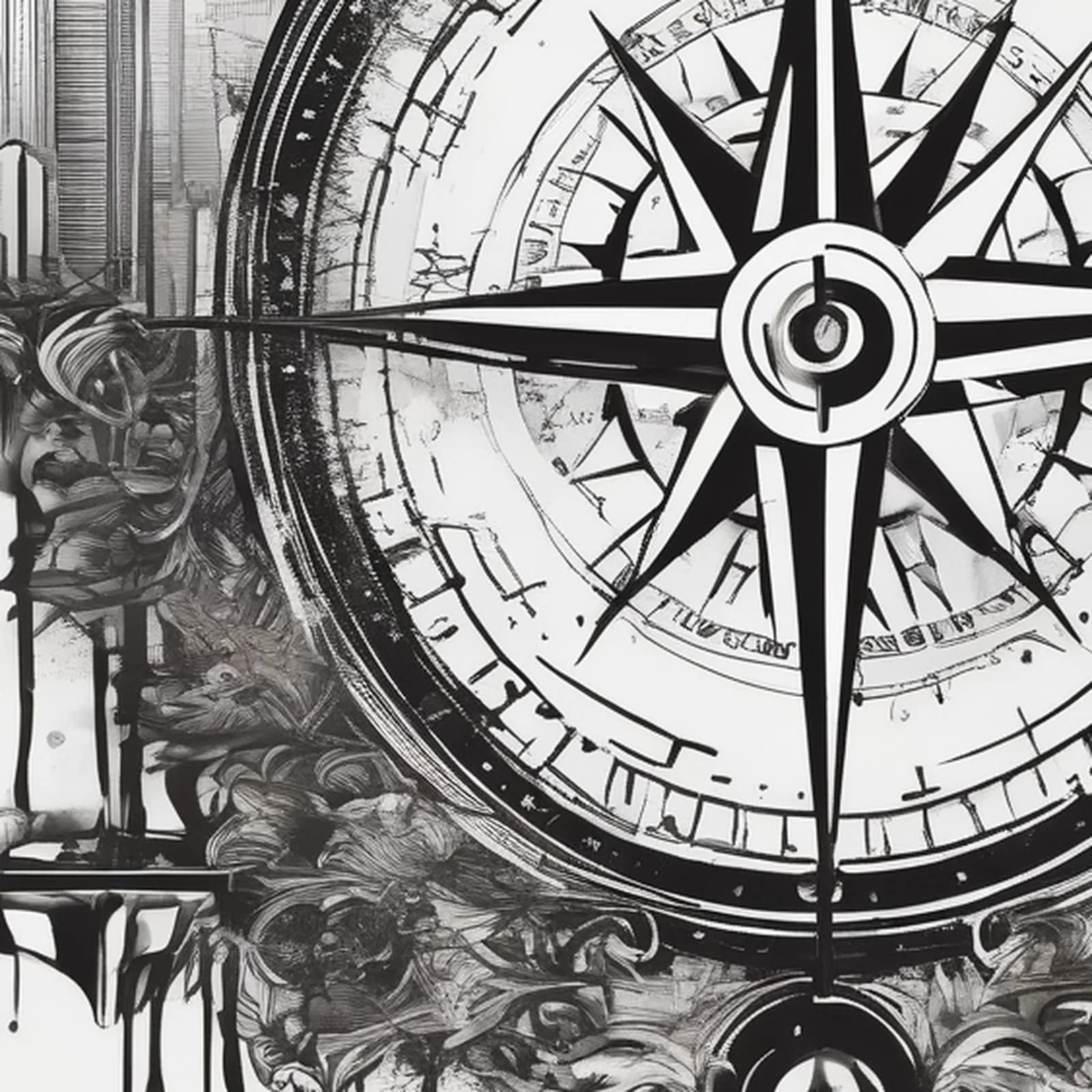 Compass And City Skyline tattoo design, close-up detail