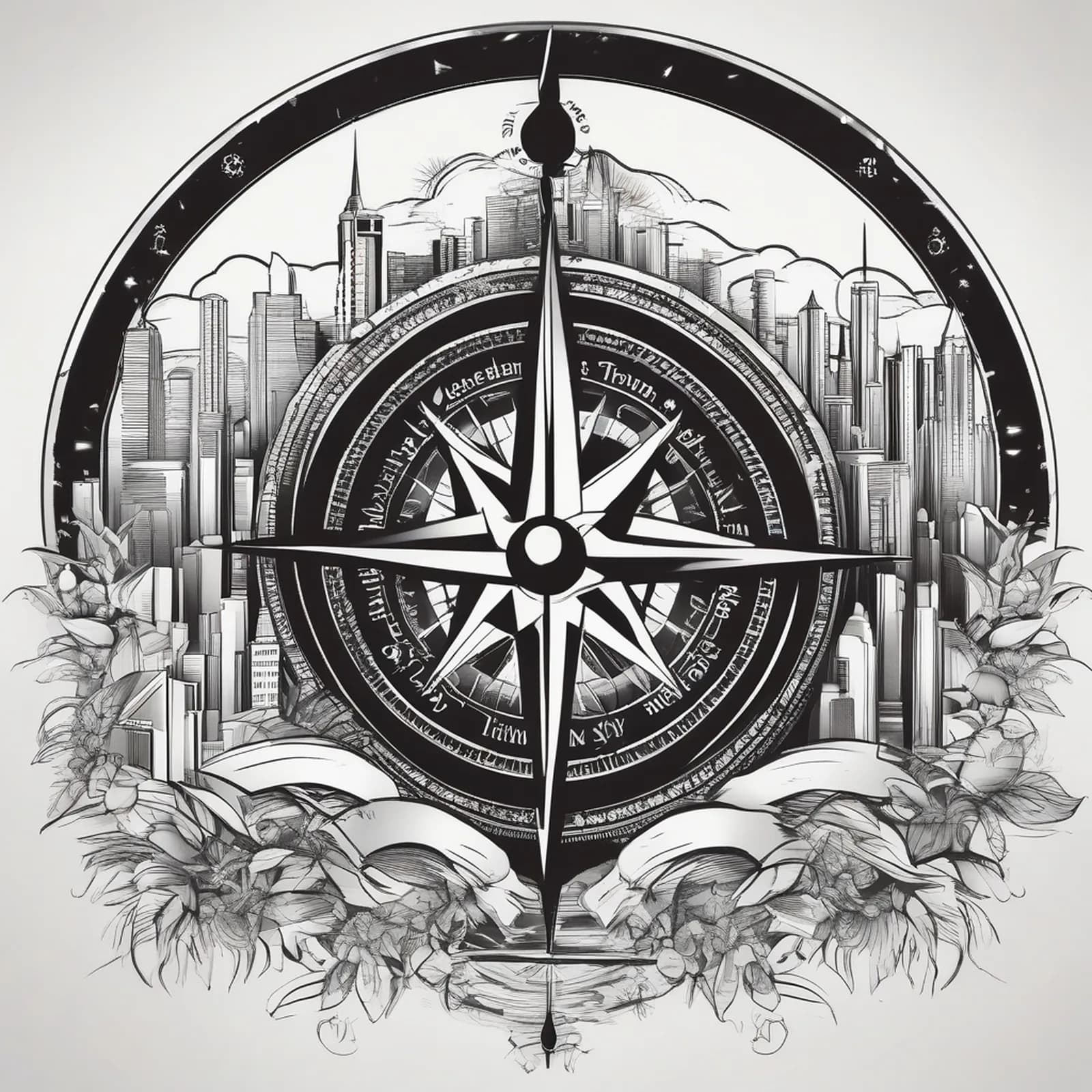 Compass And City Skyline tattoo design, alternative version 3