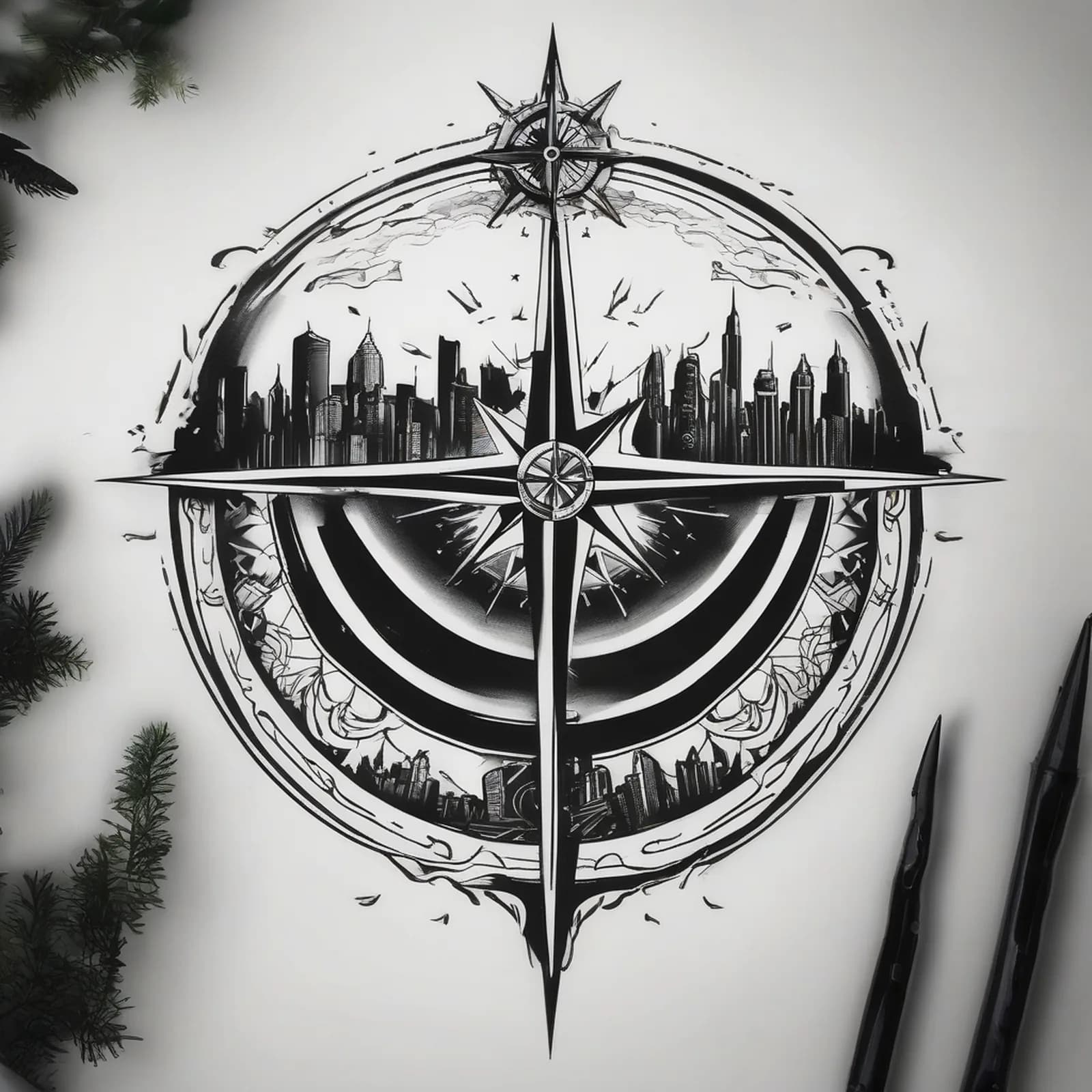 Compass And City Skyline tattoo design, alternative version 4