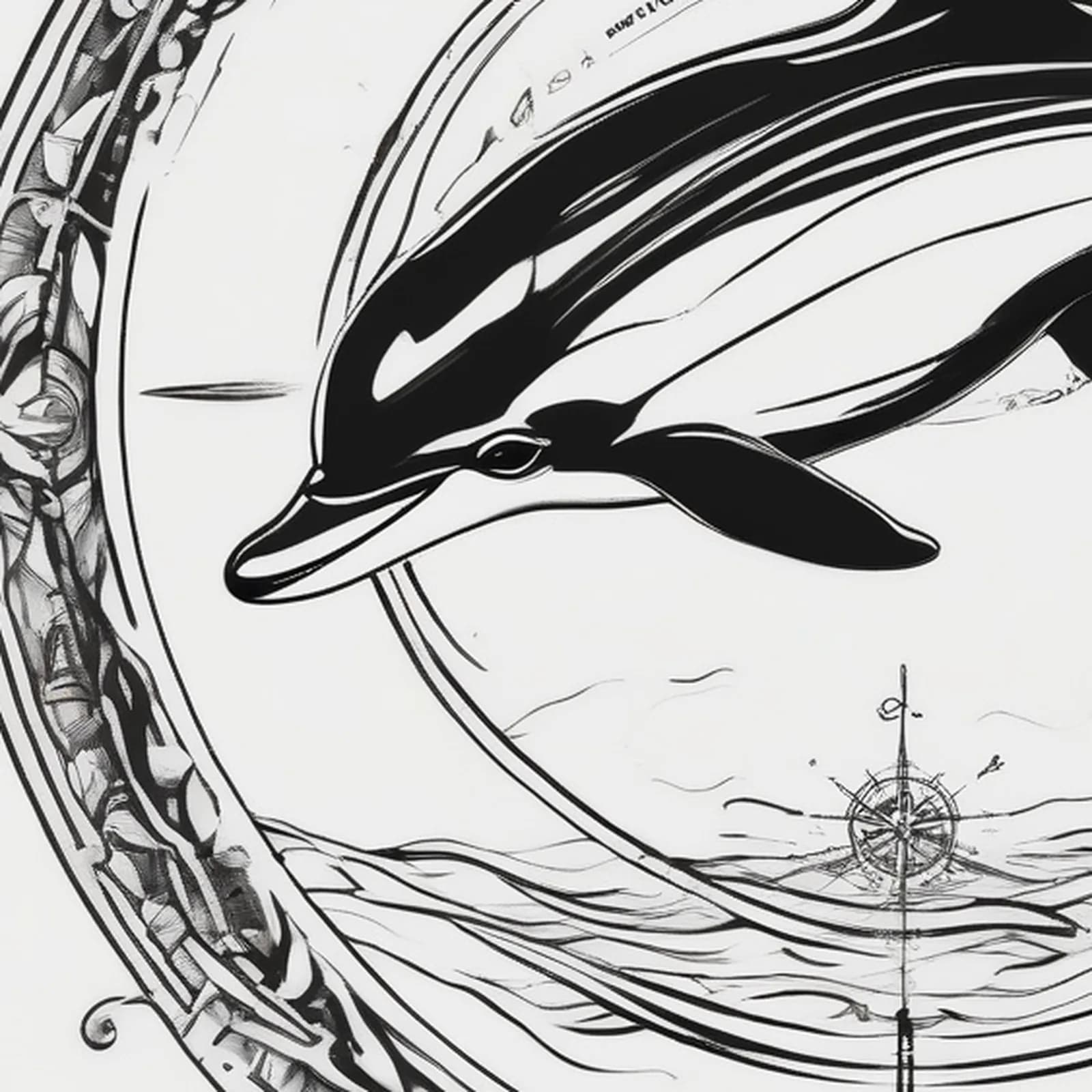Compass And Dolphin tattoo design, close-up detail