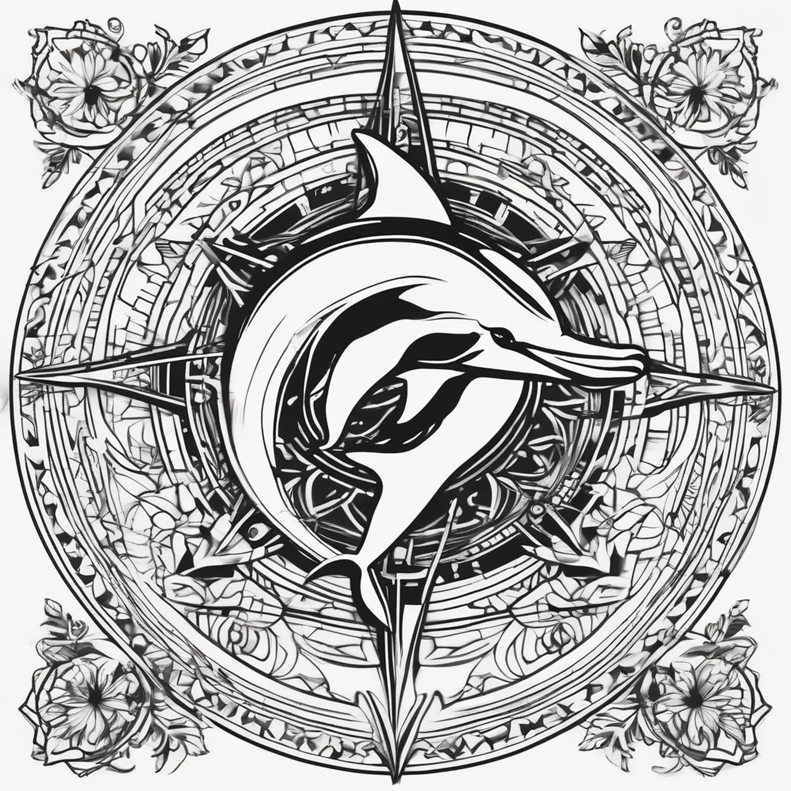 Compass And Dolphin tattoo design, alternative version 2