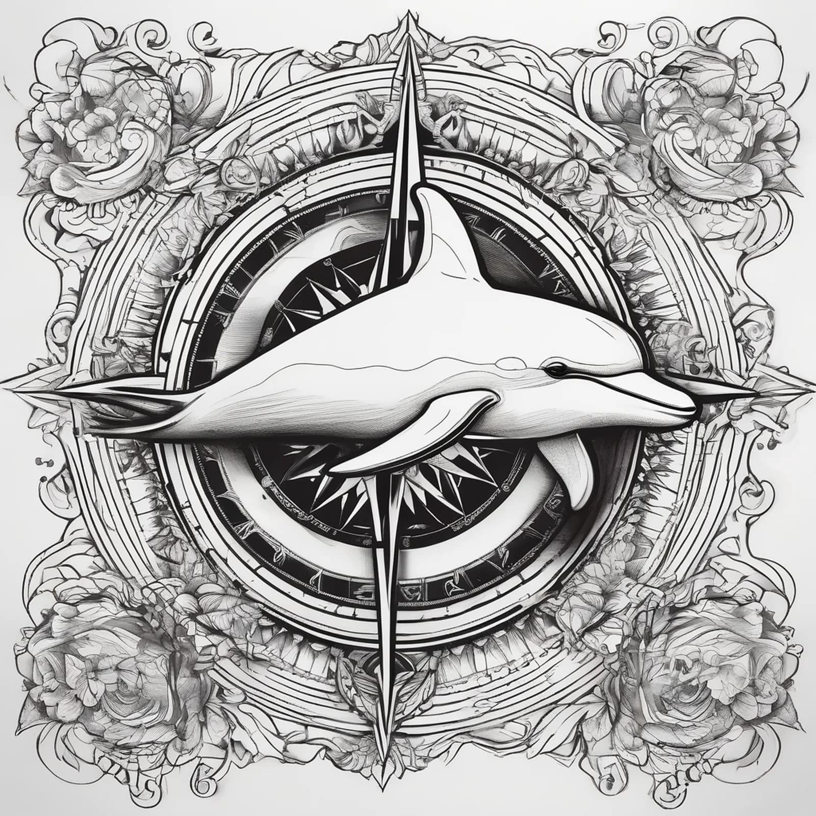 Compass And Dolphin tattoo design, alternative version 3