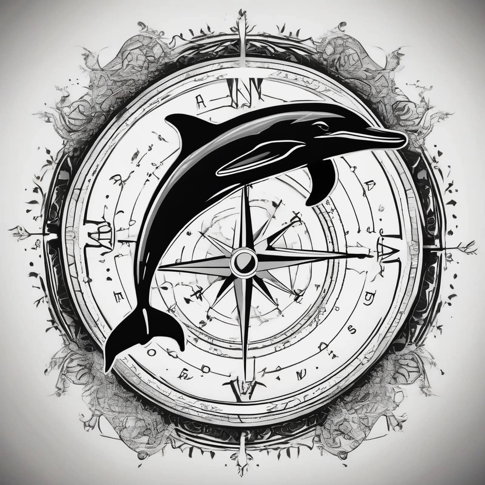 Compass And Dolphin tattoo design, alternative version 4