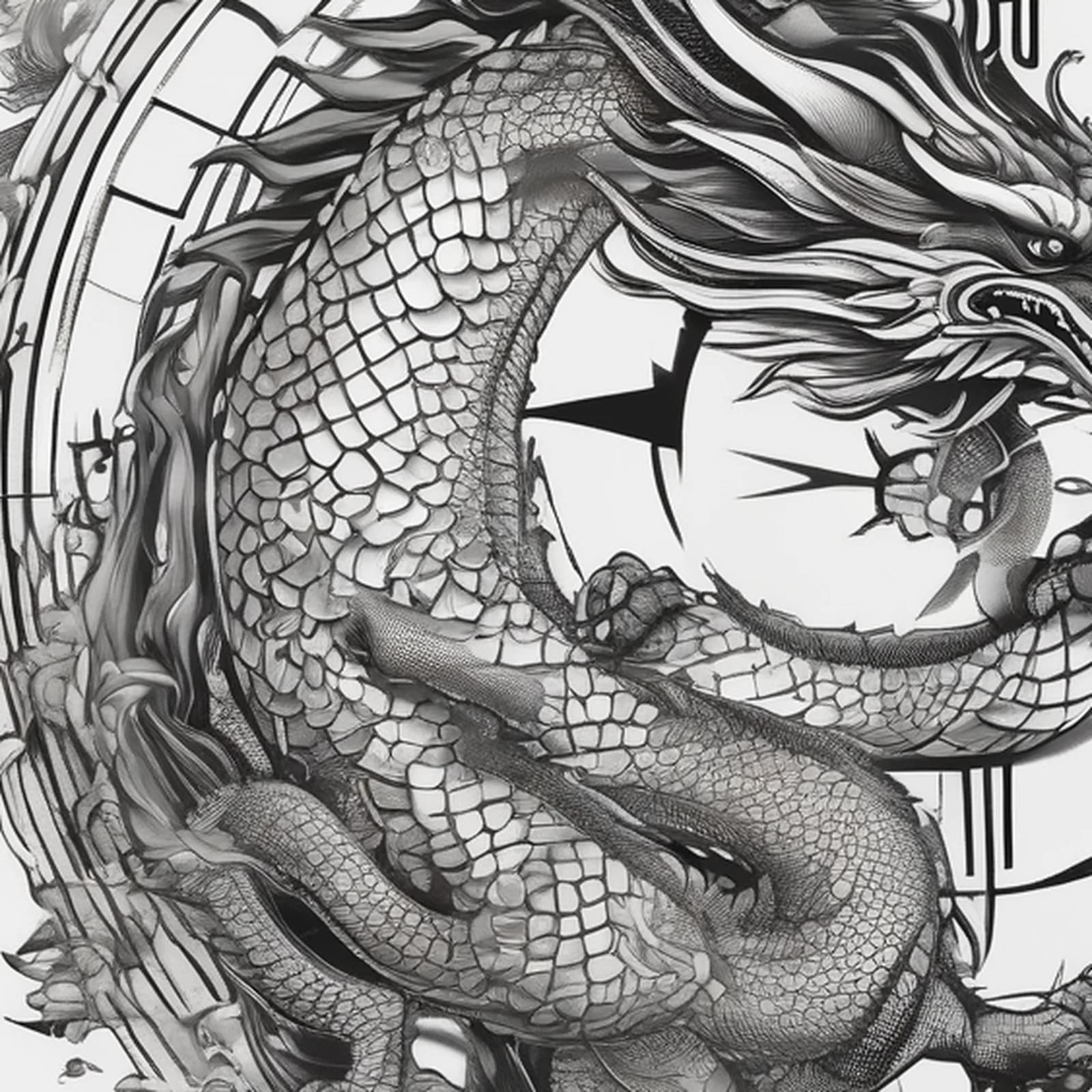 Compass And Dragon tattoo design, close-up detail