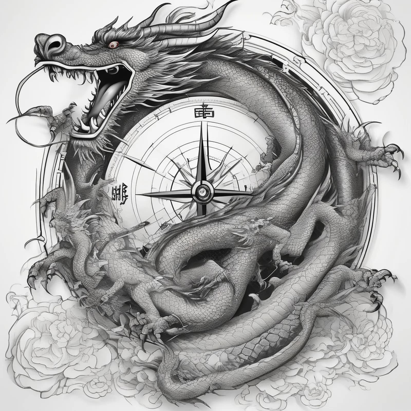 Compass And Dragon tattoo design, alternative version 2