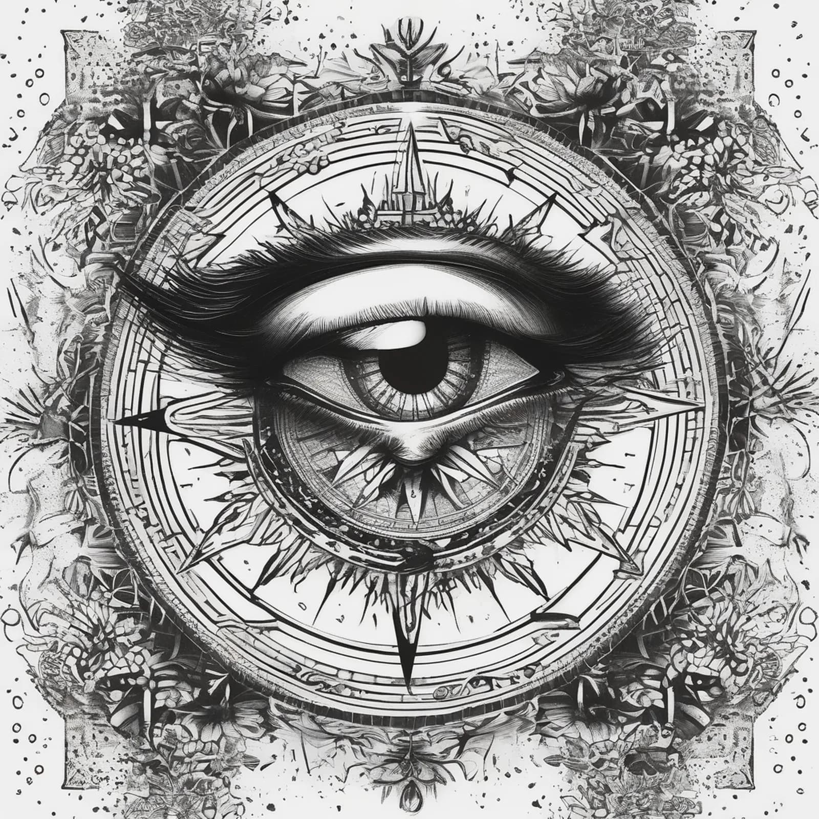 Compass And Eye tattoo design, alternative version 2