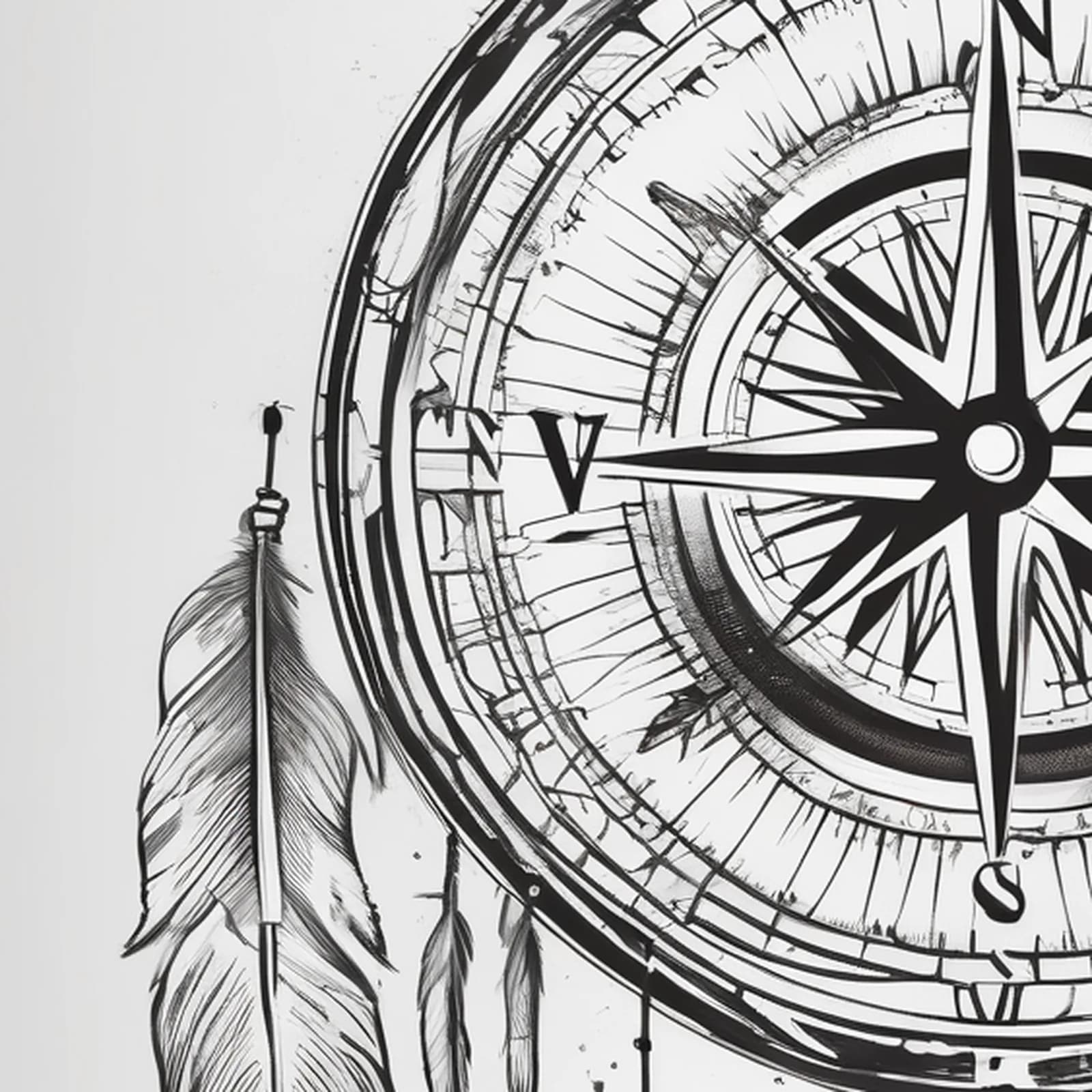 Compass And Feather tattoo design, close-up detail