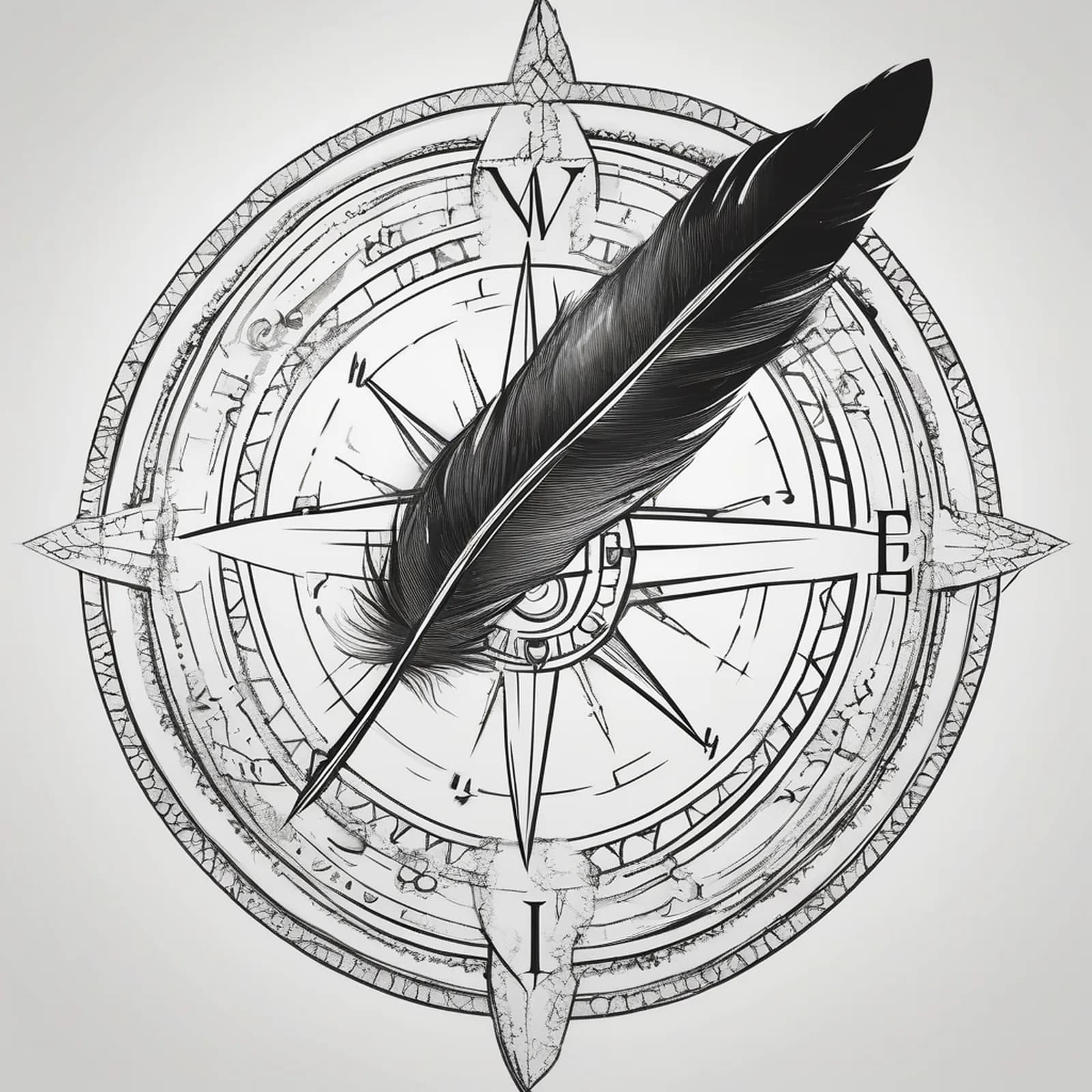 Compass And Feather tattoo design, alternative version 2