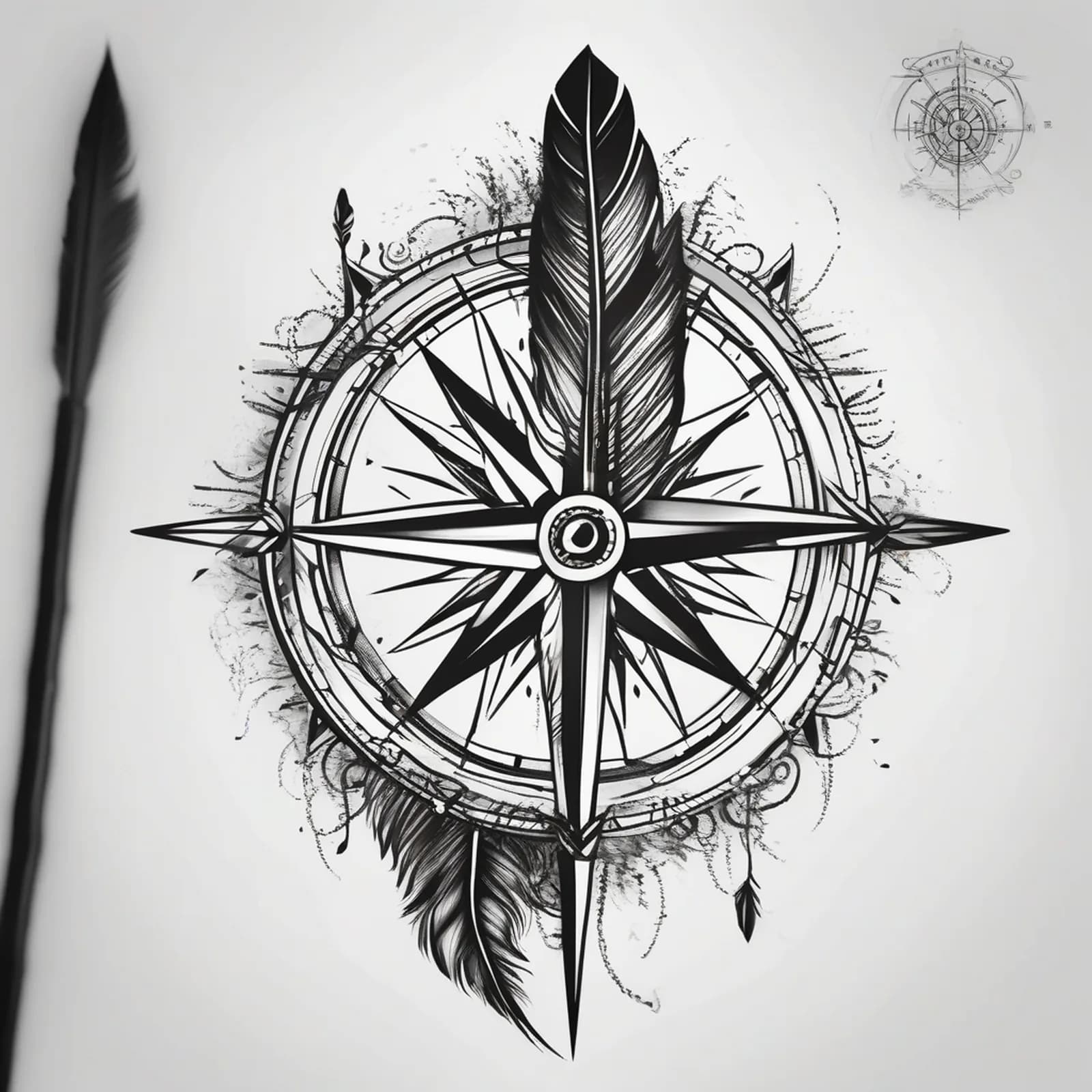 Compass And Feather tattoo design, alternative version 3