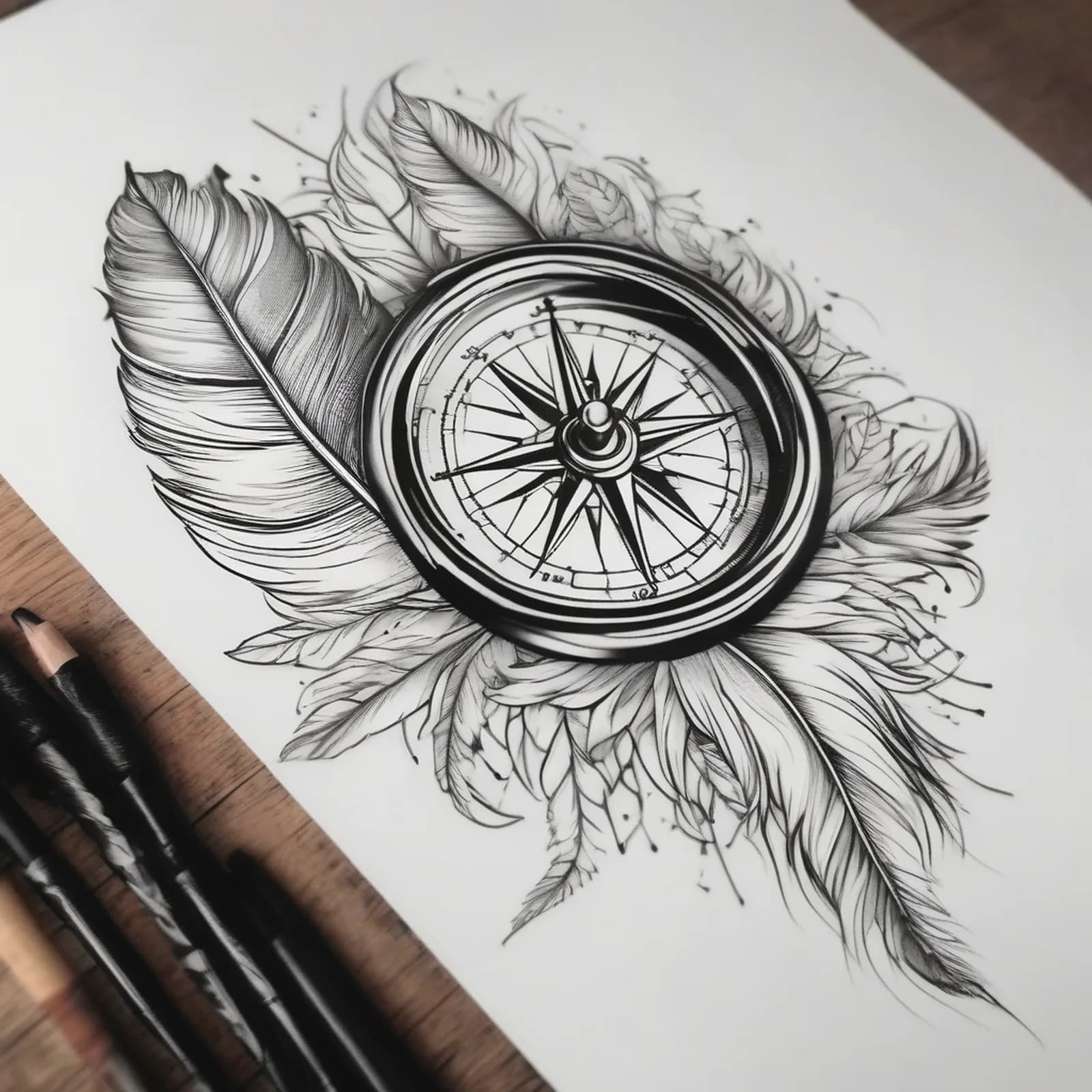 Compass And Feather tattoo design, alternative version 4