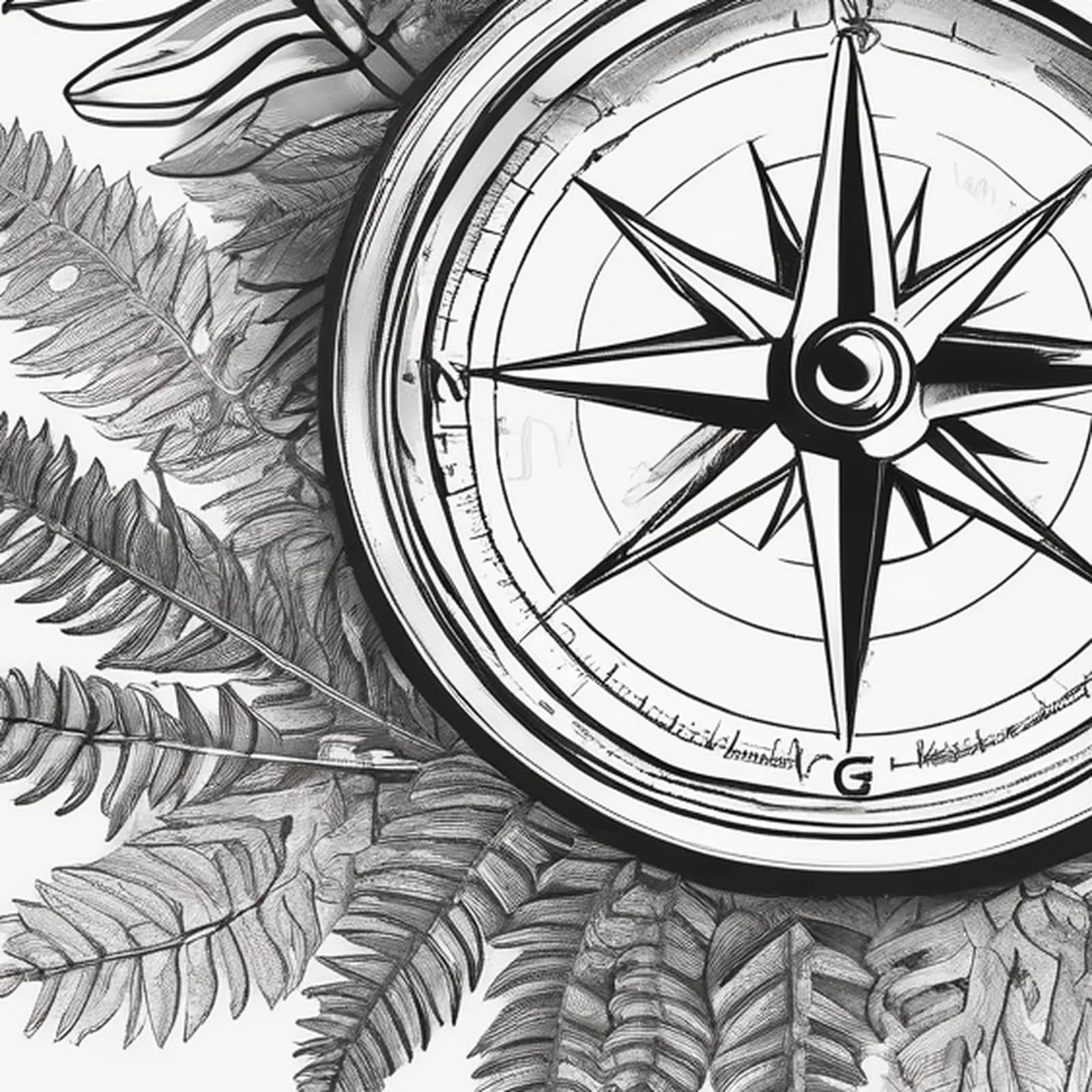 Compass And Fern Leaves tattoo design, close-up detail