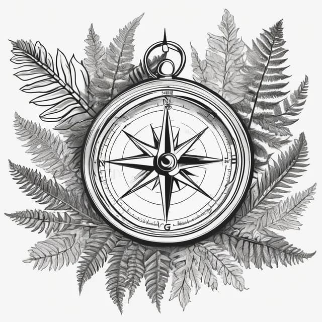 Compass And Fern Leaves tattoo design