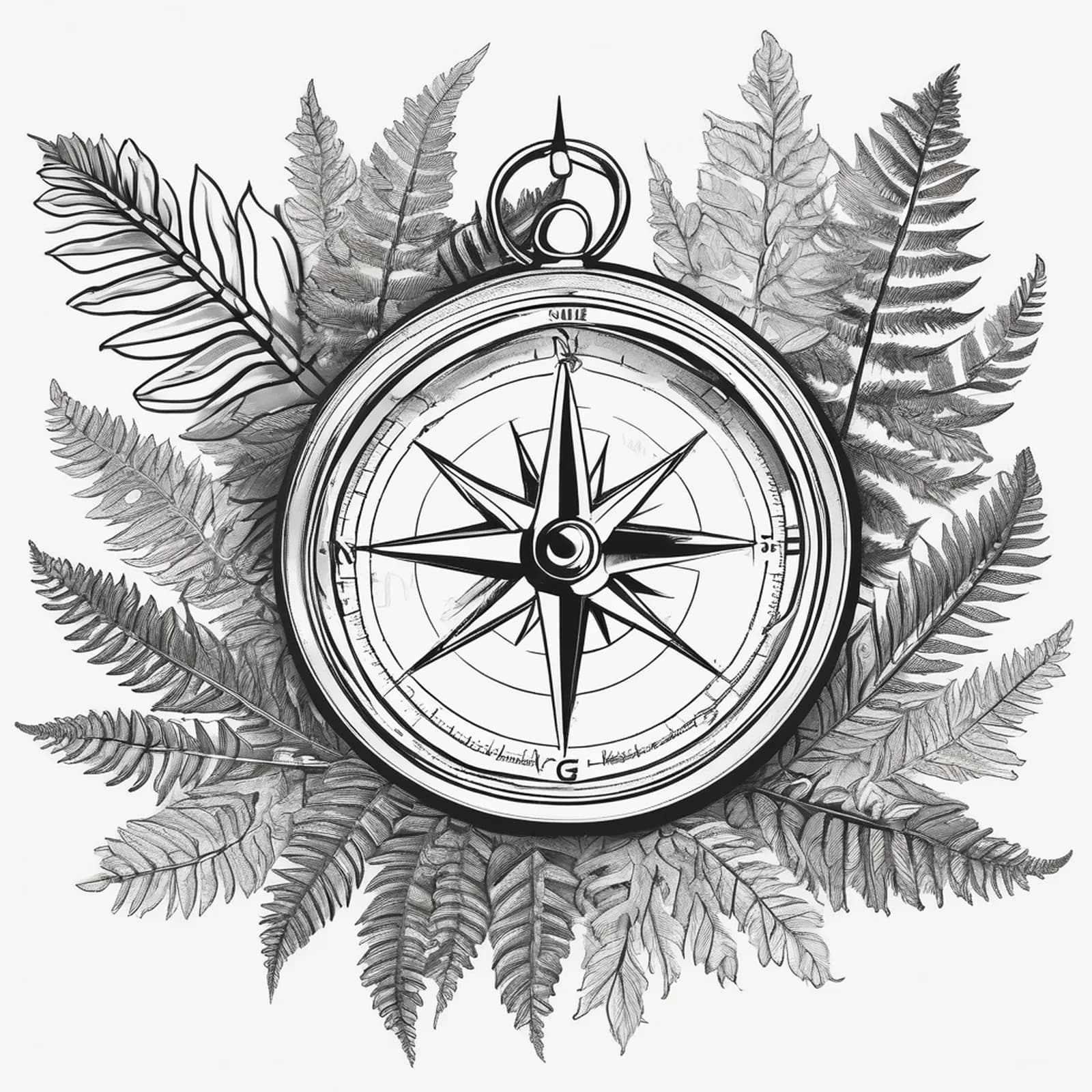 Compass And Fern Leaves tattoo design