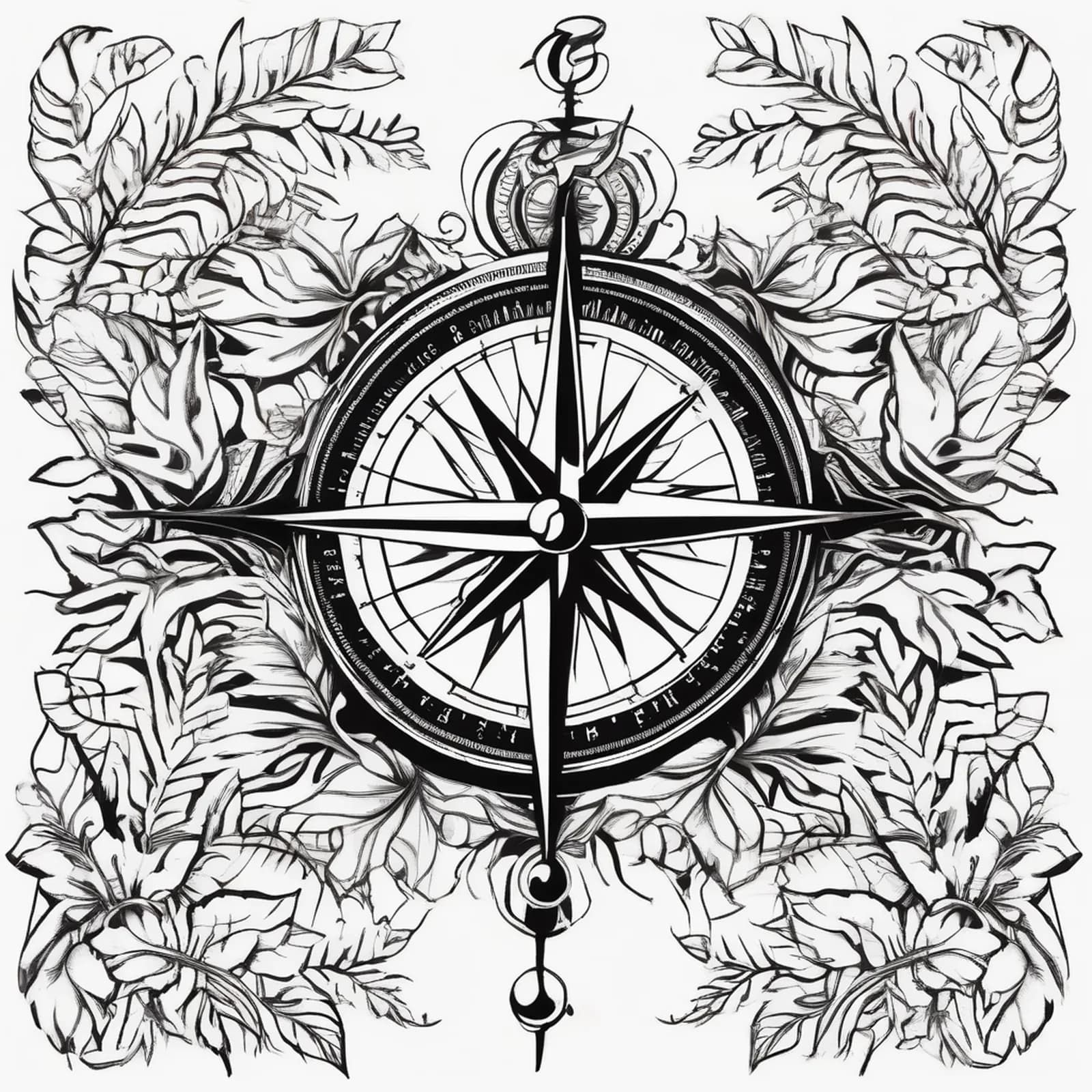 Compass And Fern Leaves tattoo design, alternative version 2