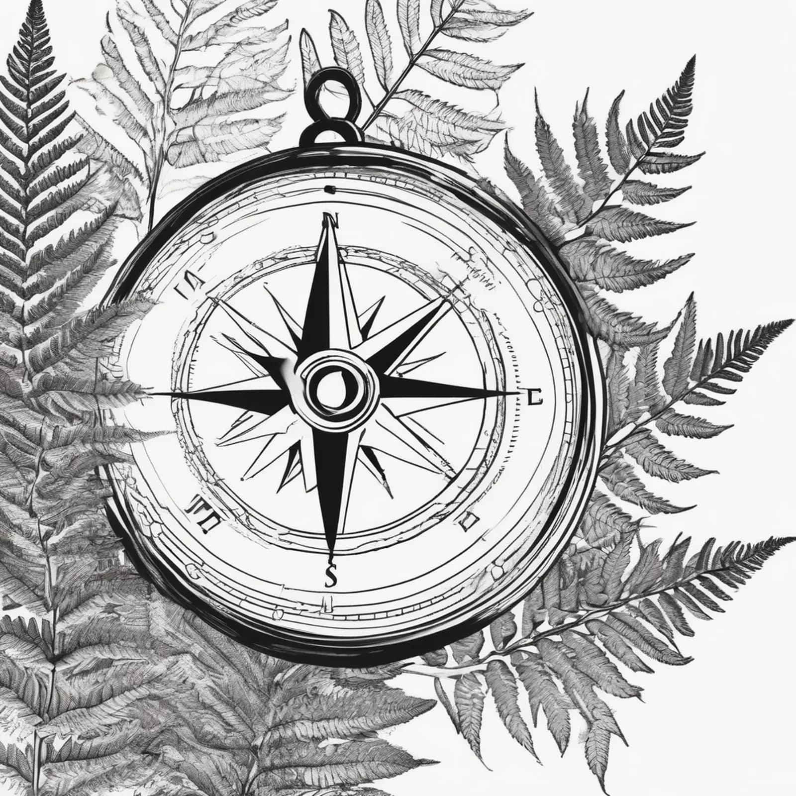 Compass And Fern Leaves tattoo design, alternative version 3