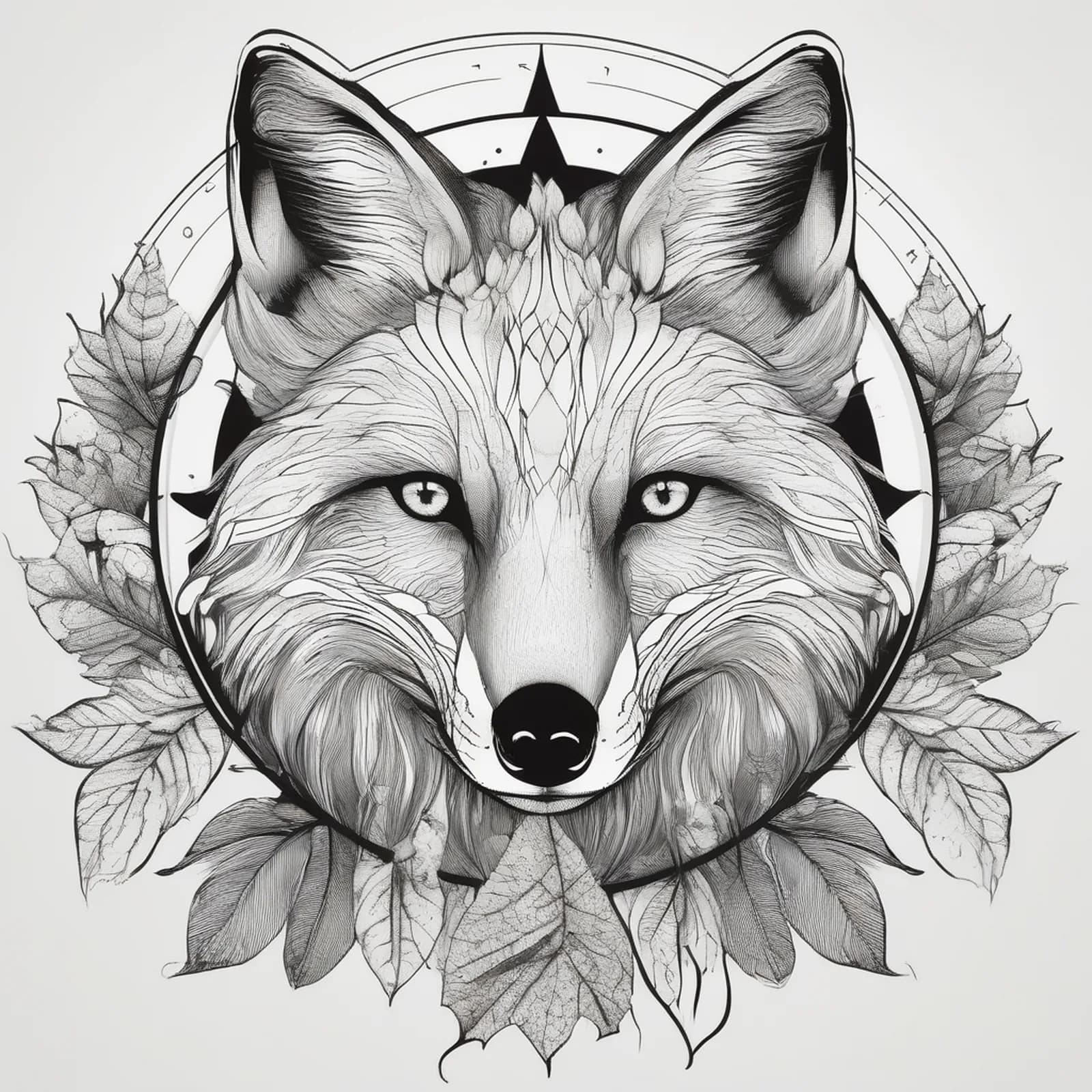 Compass And Fox tattoo design, alternative version 2