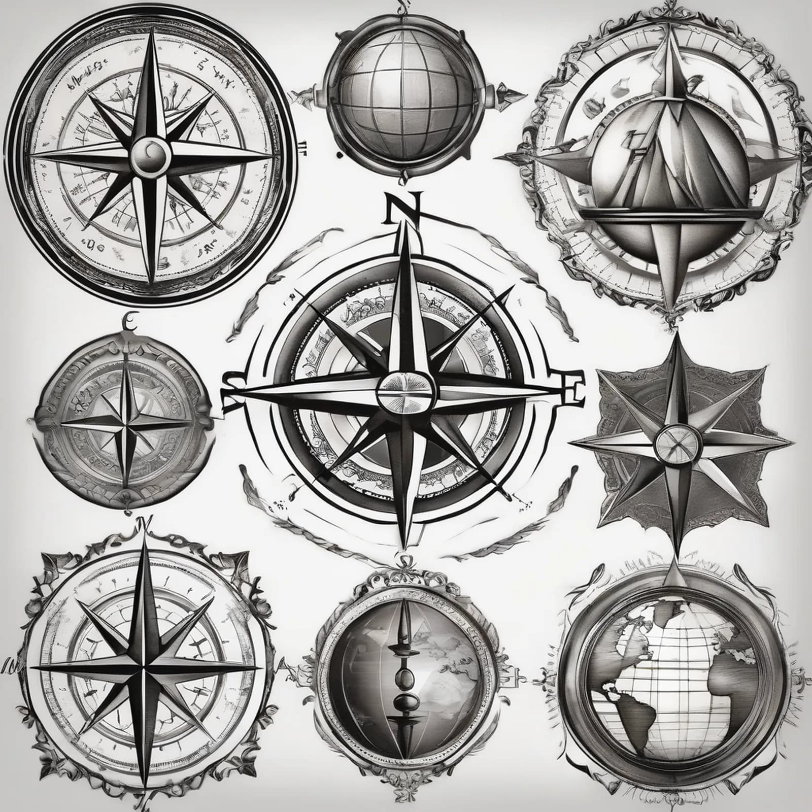 Compass And Globe tattoo design, alternative version 4
