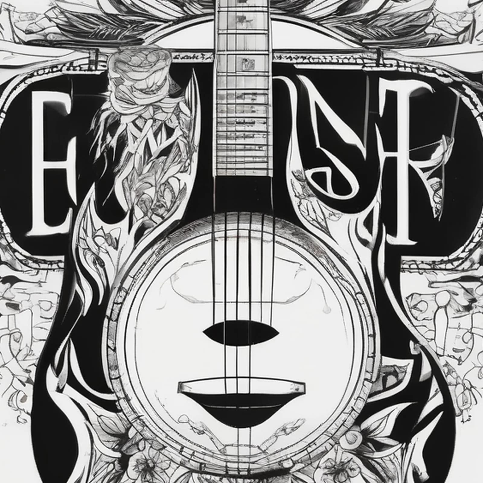 Compass And Guitar tattoo design, close-up detail