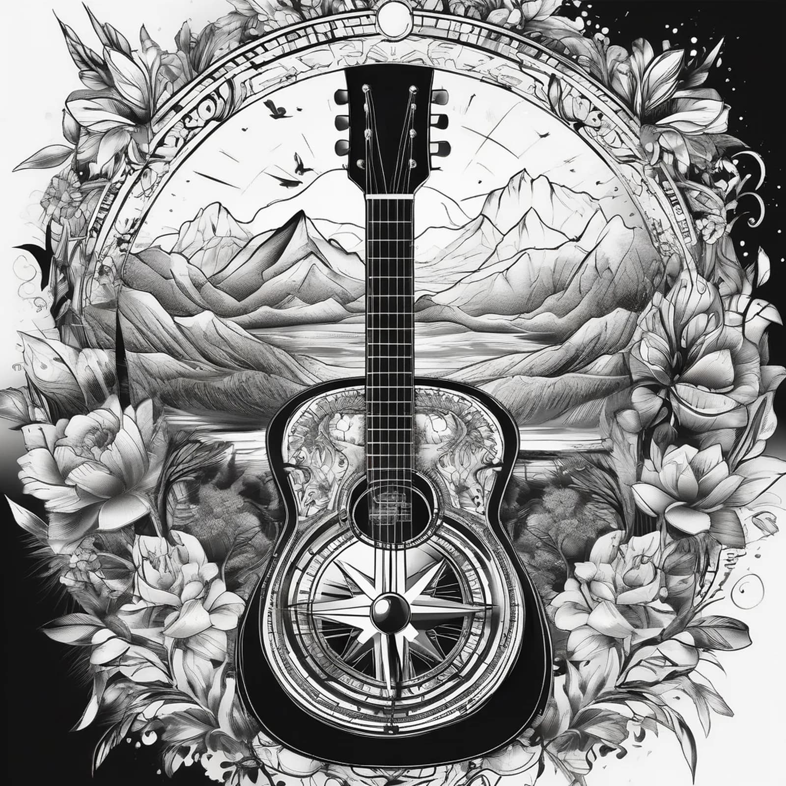 Compass And Guitar tattoo design, alternative version 4