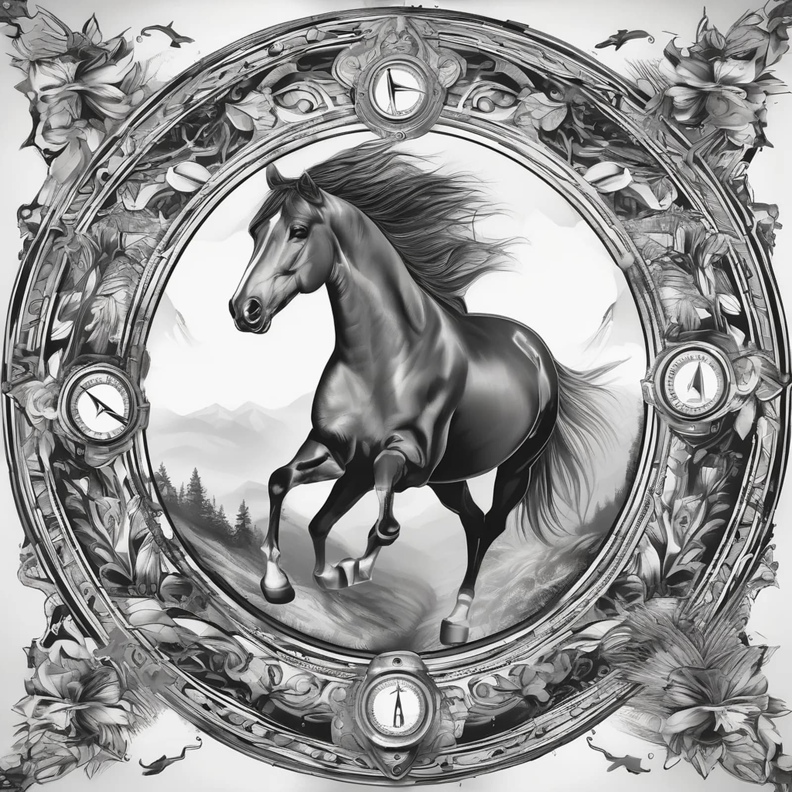 Compass And Horse tattoo design, alternative version 2