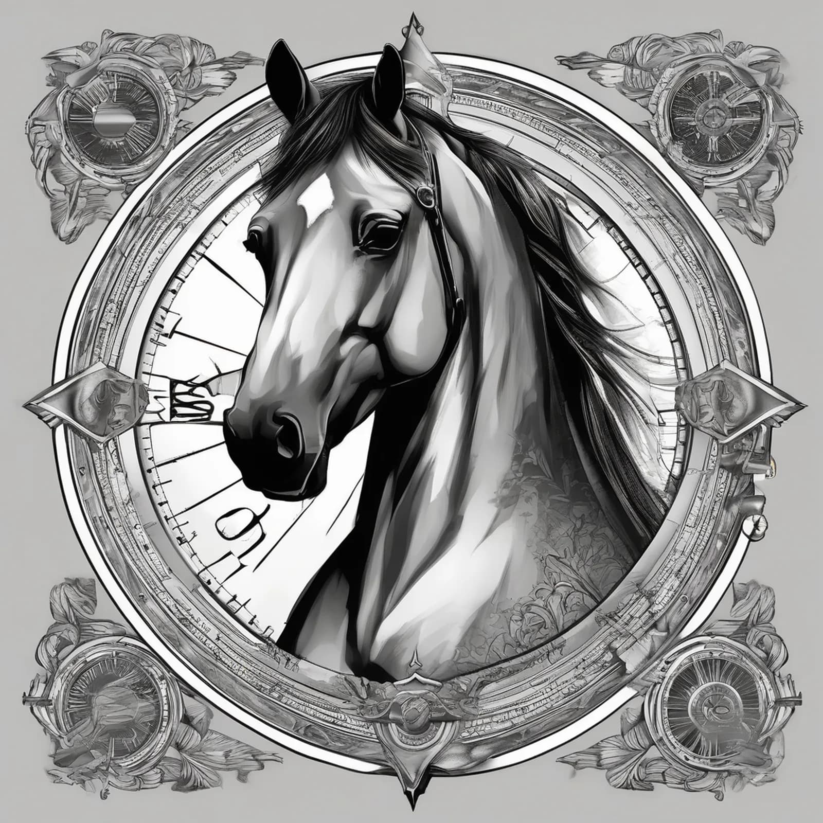 Compass And Horse tattoo design, alternative version 3