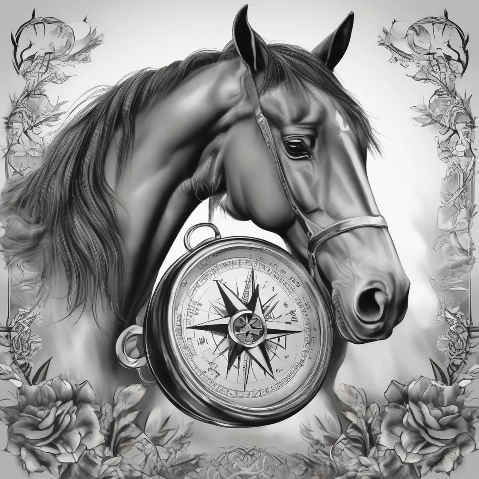 Compass And Horse tattoo design, alternative version 4