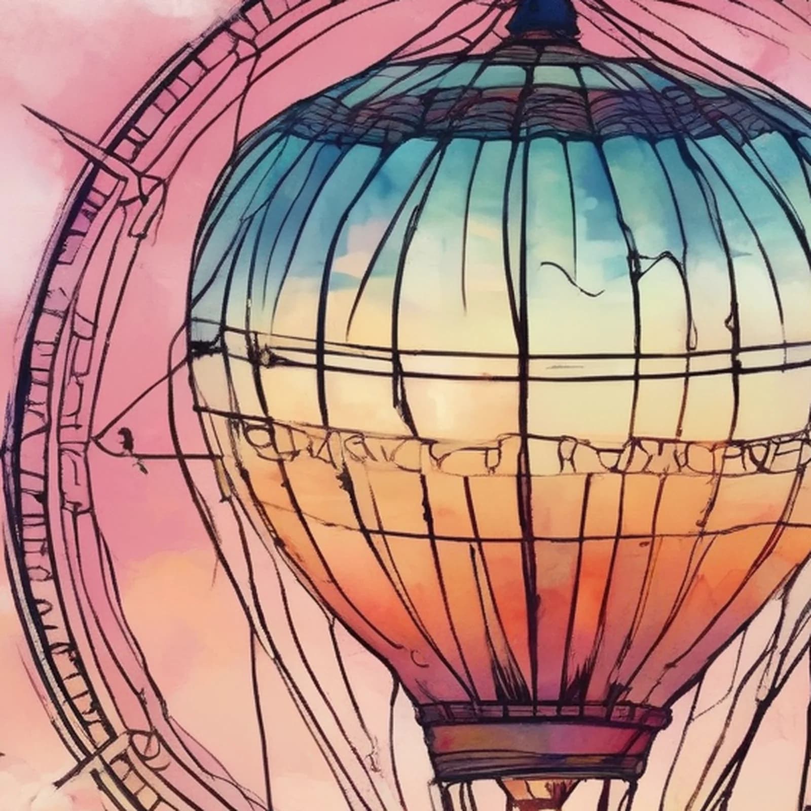 Compass And Hot Air Balloon tattoo design, close-up detail