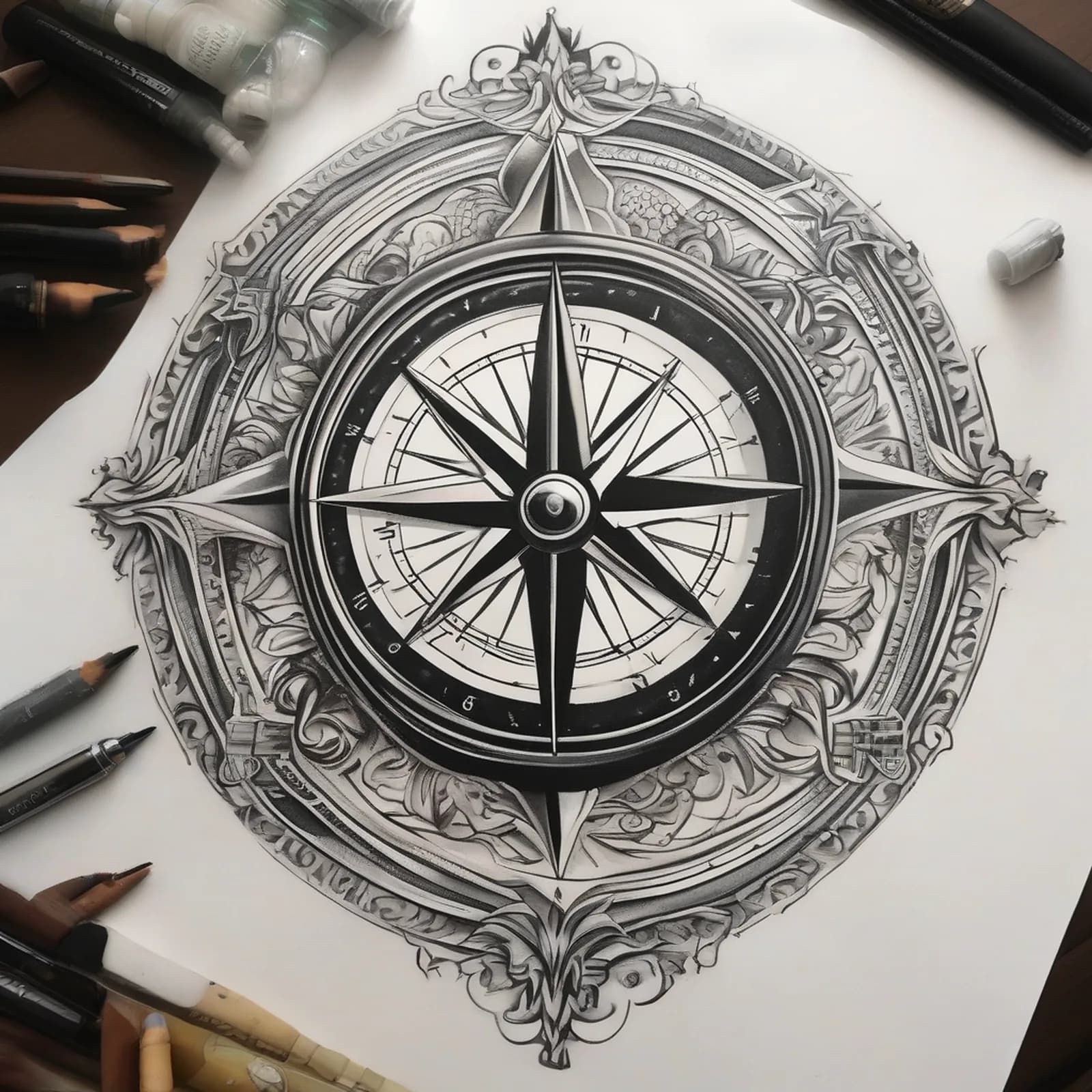 Compass And Hourglass tattoo design, alternative version 2