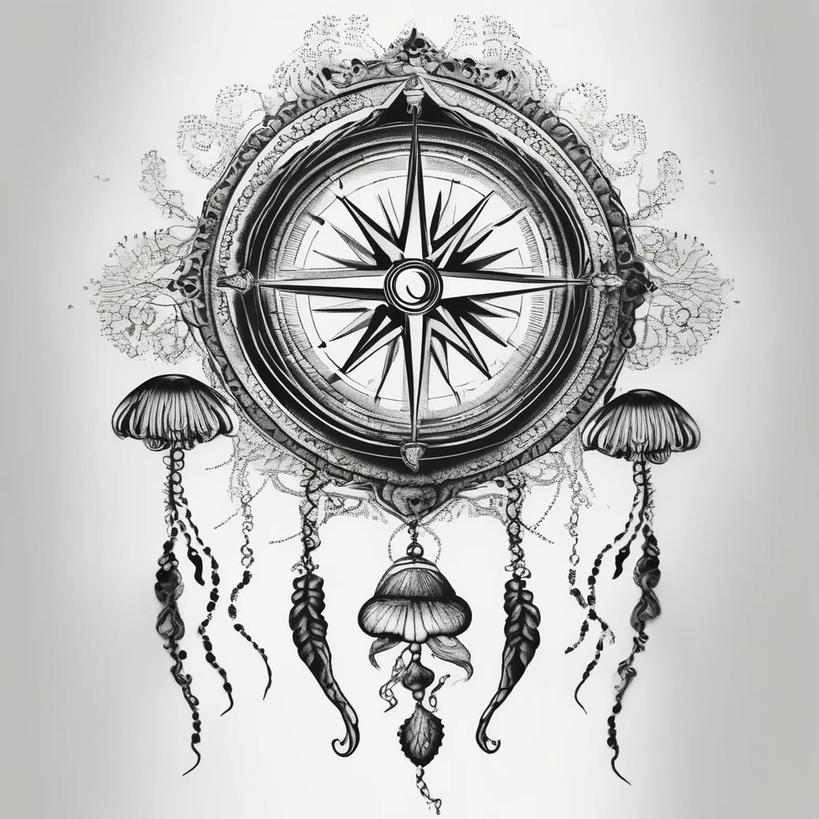 Compass And Jellyfish tattoo design, alternative version 3