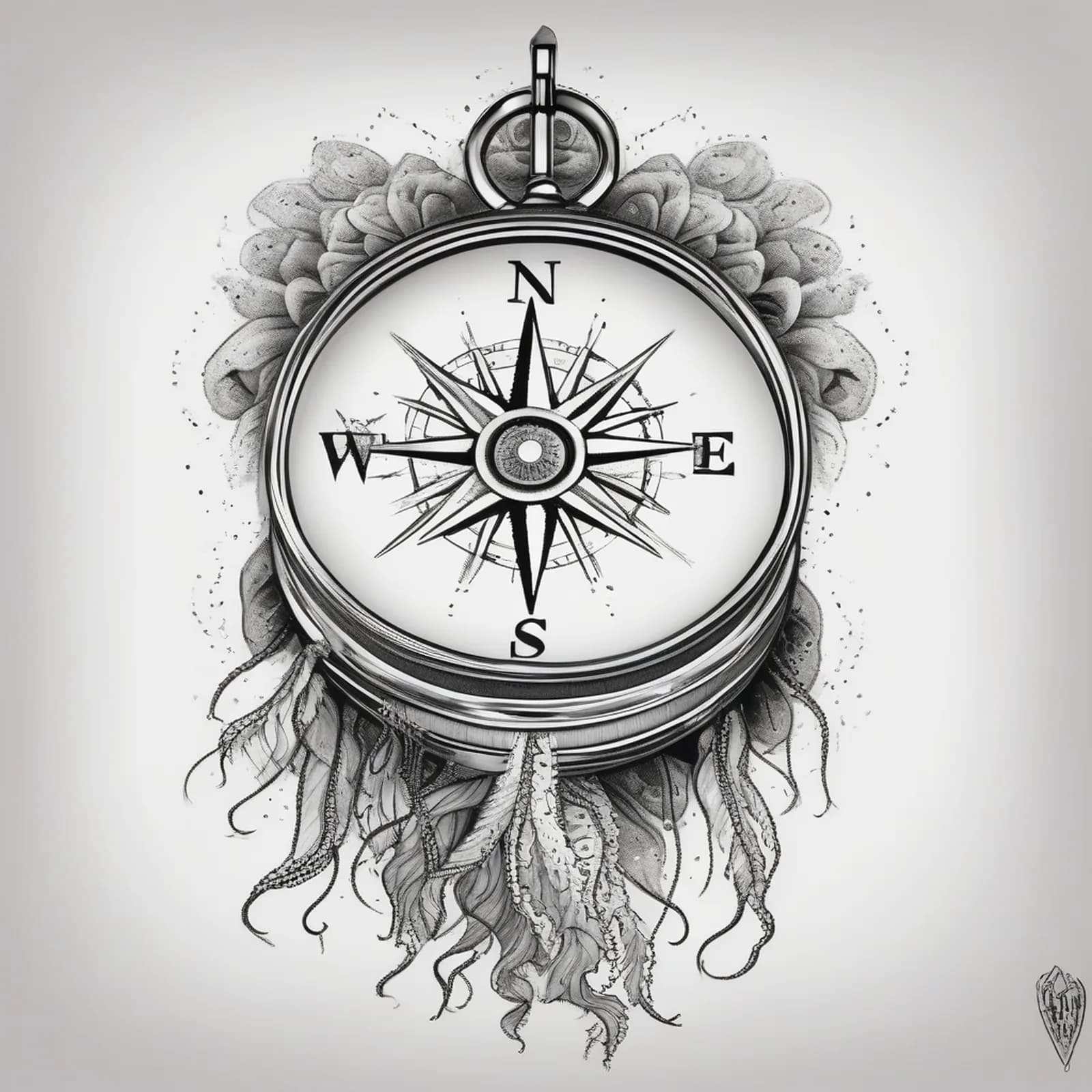 Compass And Jellyfish tattoo design, alternative version 4