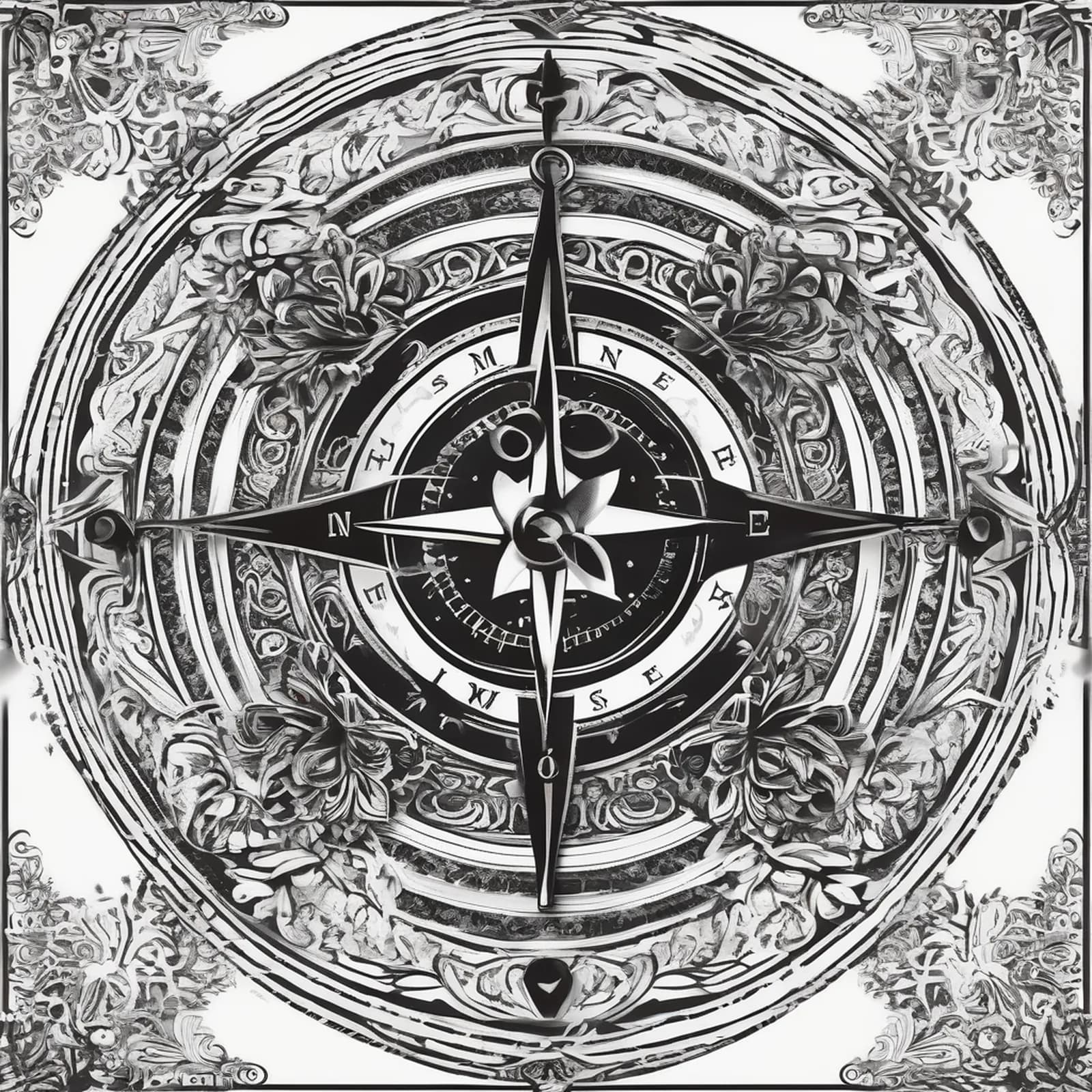 Compass And Key tattoo design, alternative version 3
