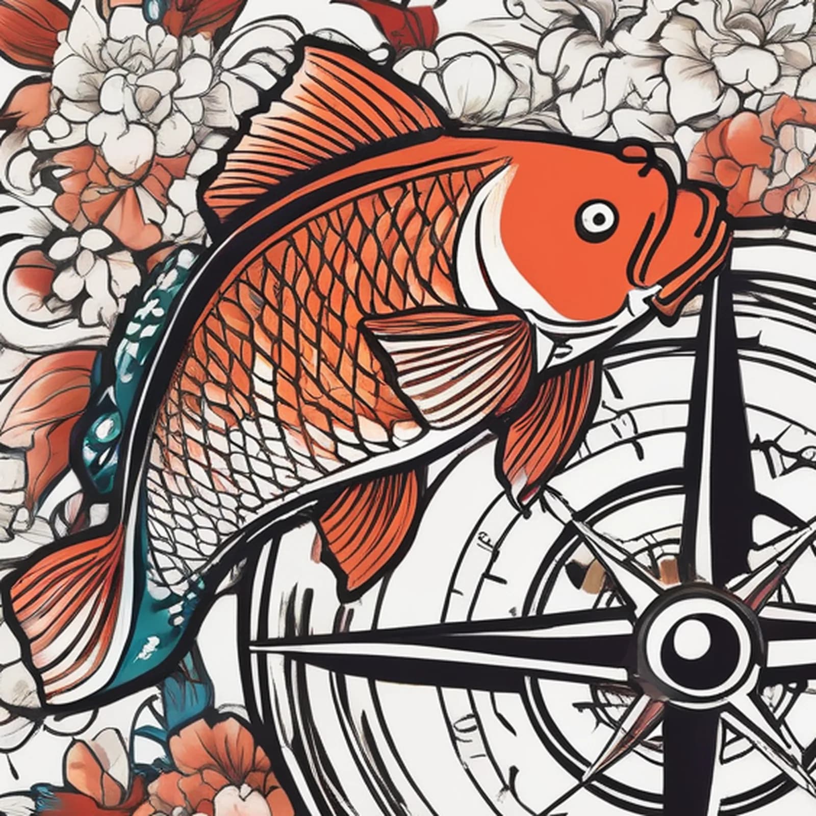 Compass And Koi Fish tattoo design, close-up detail