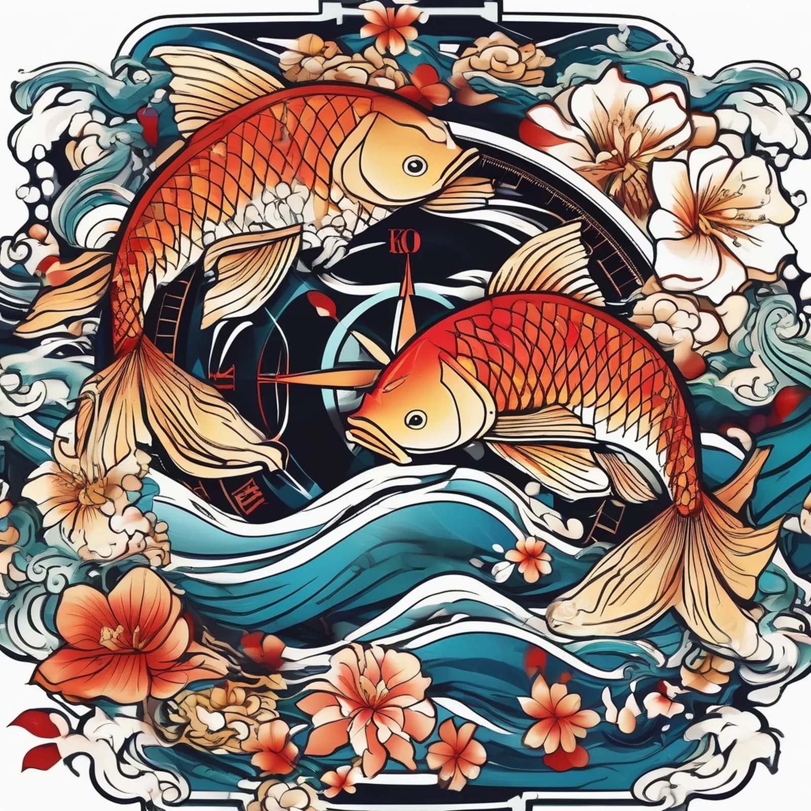 Compass And Koi Fish tattoo design, alternative version 2