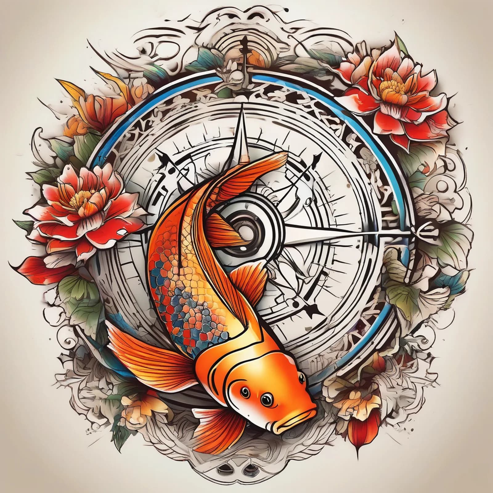 Compass And Koi Fish tattoo design, alternative version 3