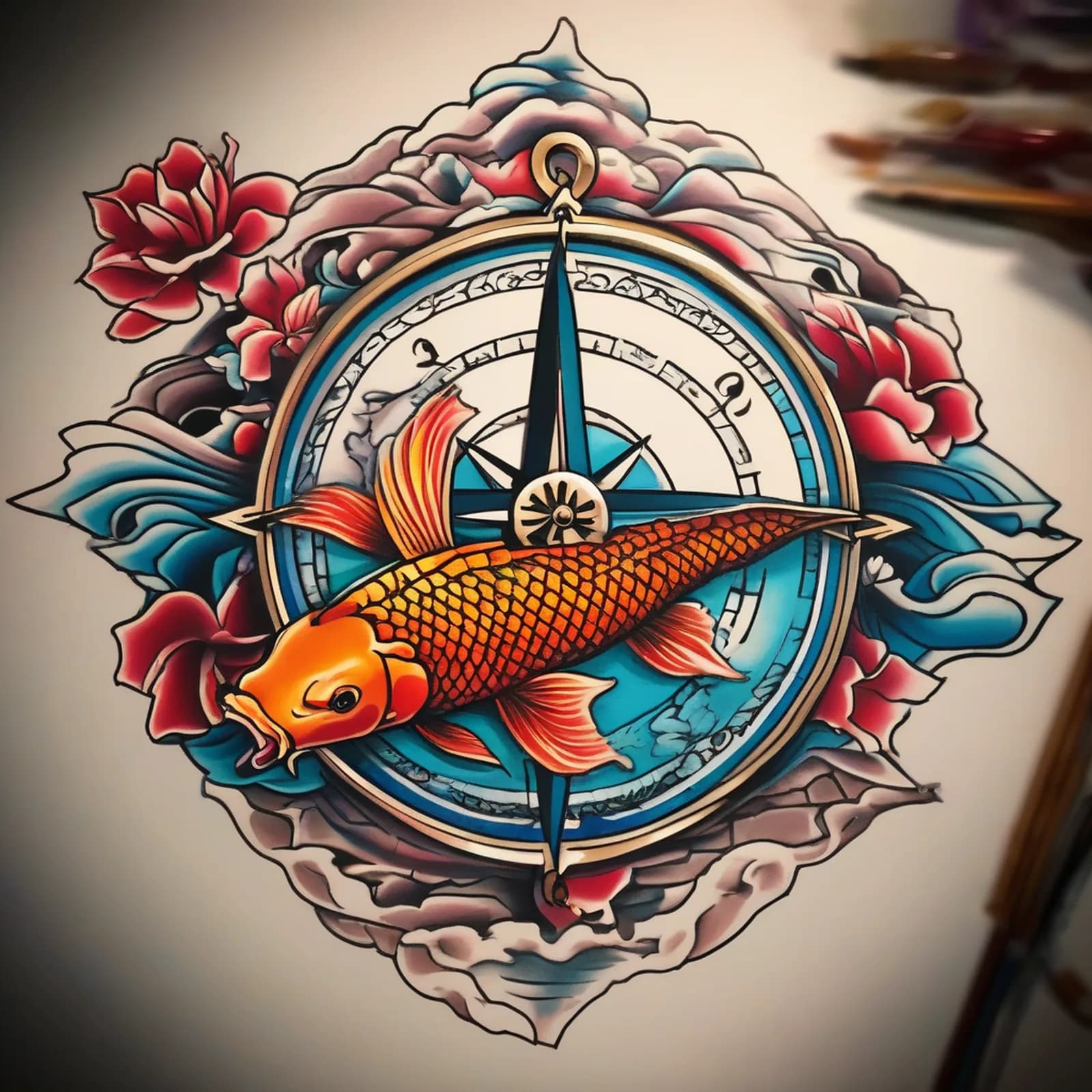 Compass And Koi Fish tattoo design, alternative version 4