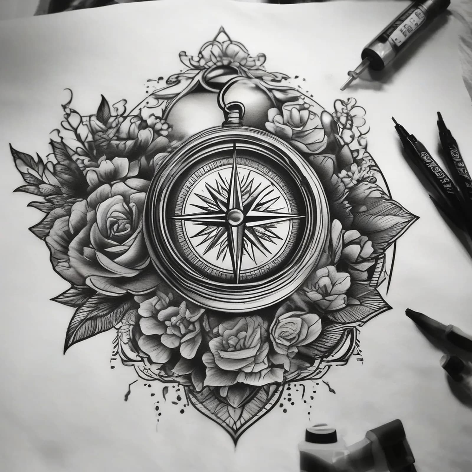 Compass And Lantern tattoo design, alternative version 2
