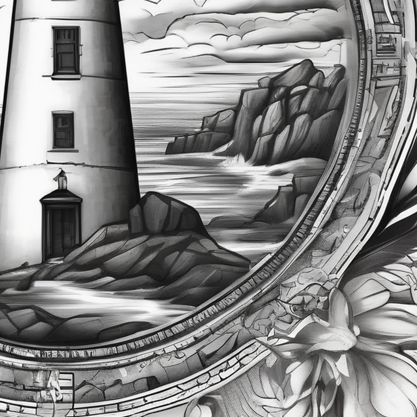 Compass And Lighthouse tattoo design, close-up detail
