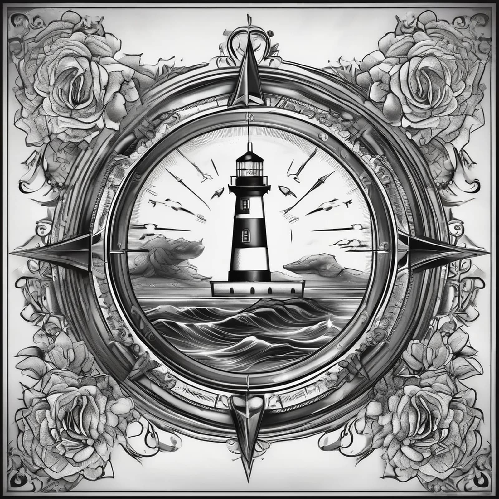 Compass And Lighthouse tattoo design, alternative version 2