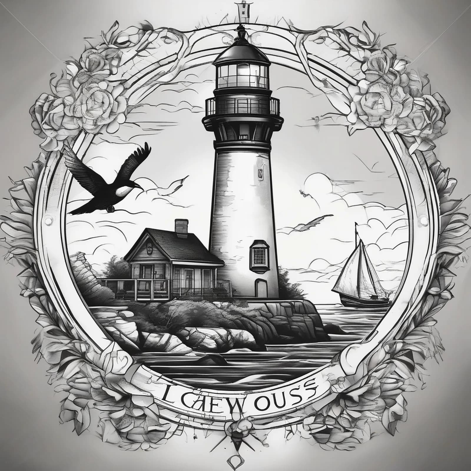 Compass And Lighthouse tattoo design, alternative version 3